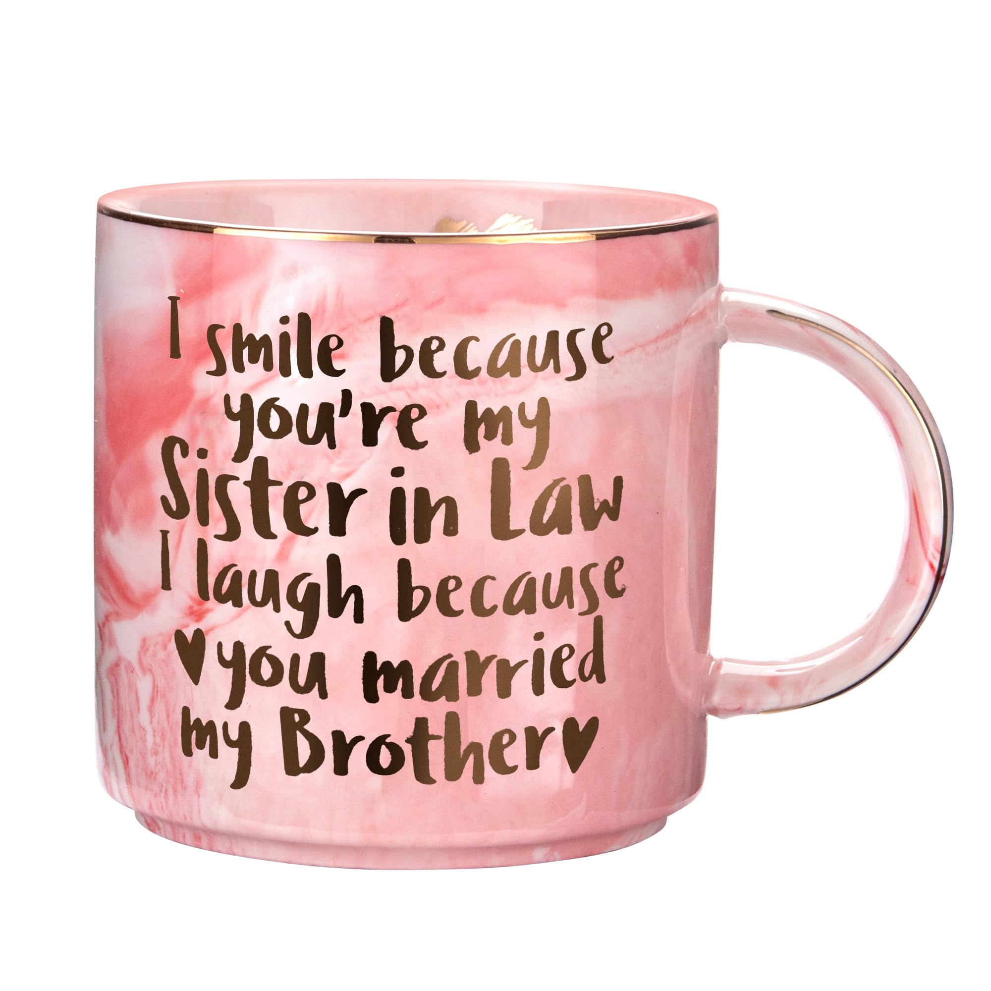 Hendson pink marble mug with gold lip welcomes a new sister-in-law.