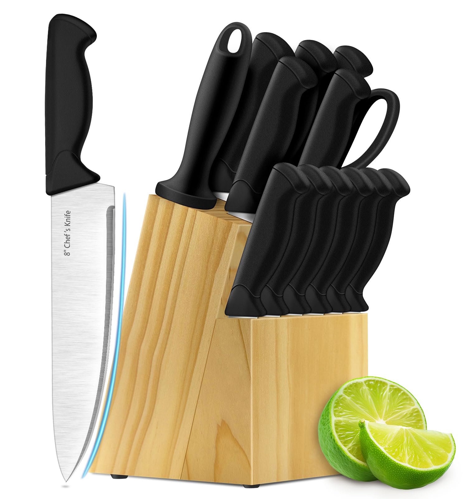 HENKELIVING 14-piece knife set with wooden block for organized kitchen prep.
