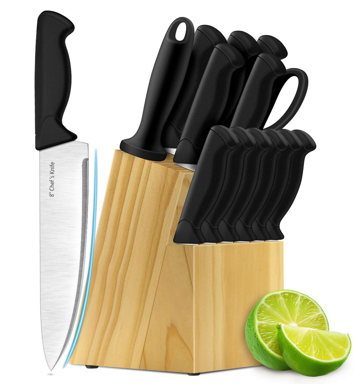 HENKELIVING 14-piece knife set with wooden block for organized kitchen prep.