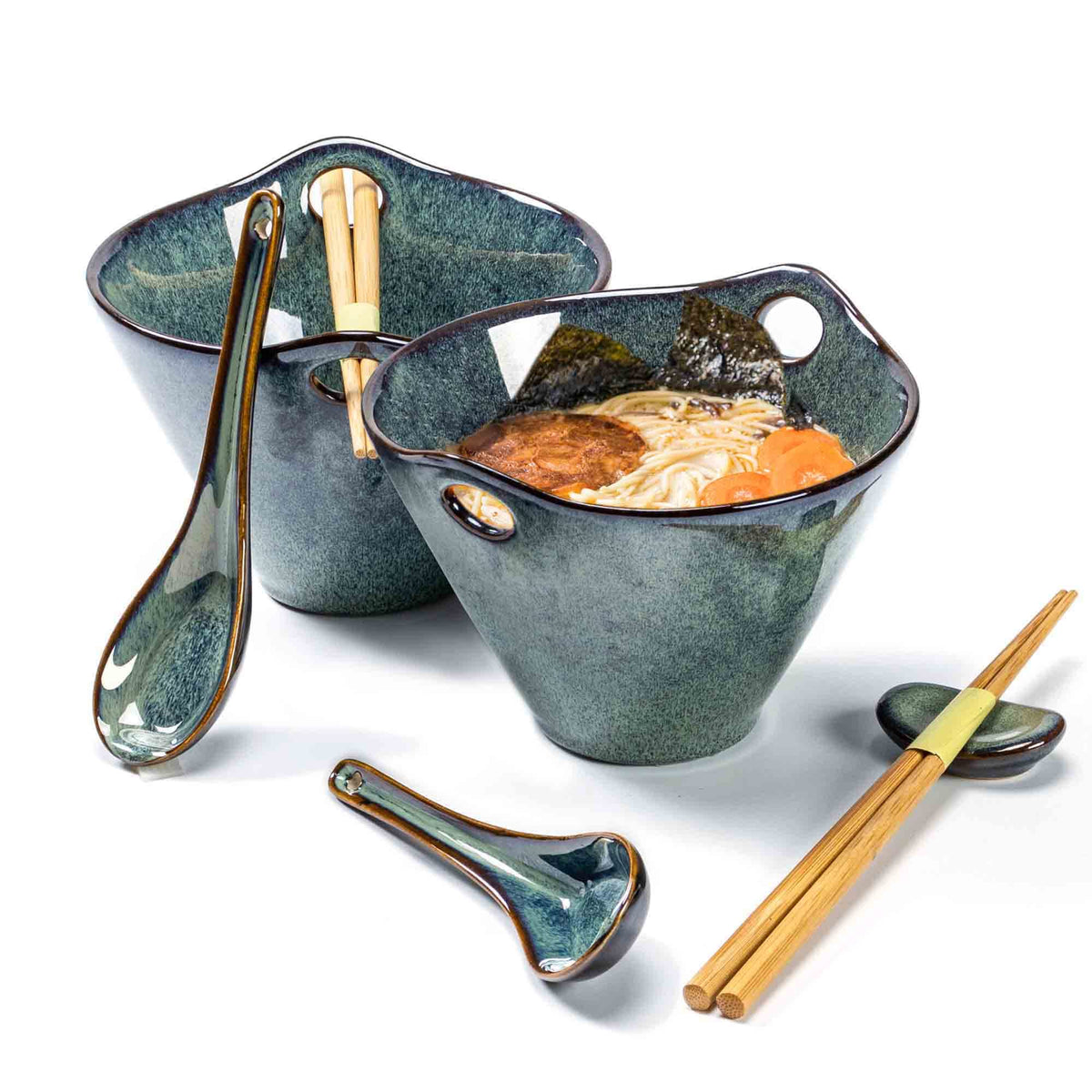 Henten Home ramen bowls teal 2pc set with durable ceramic and reactive glaze.