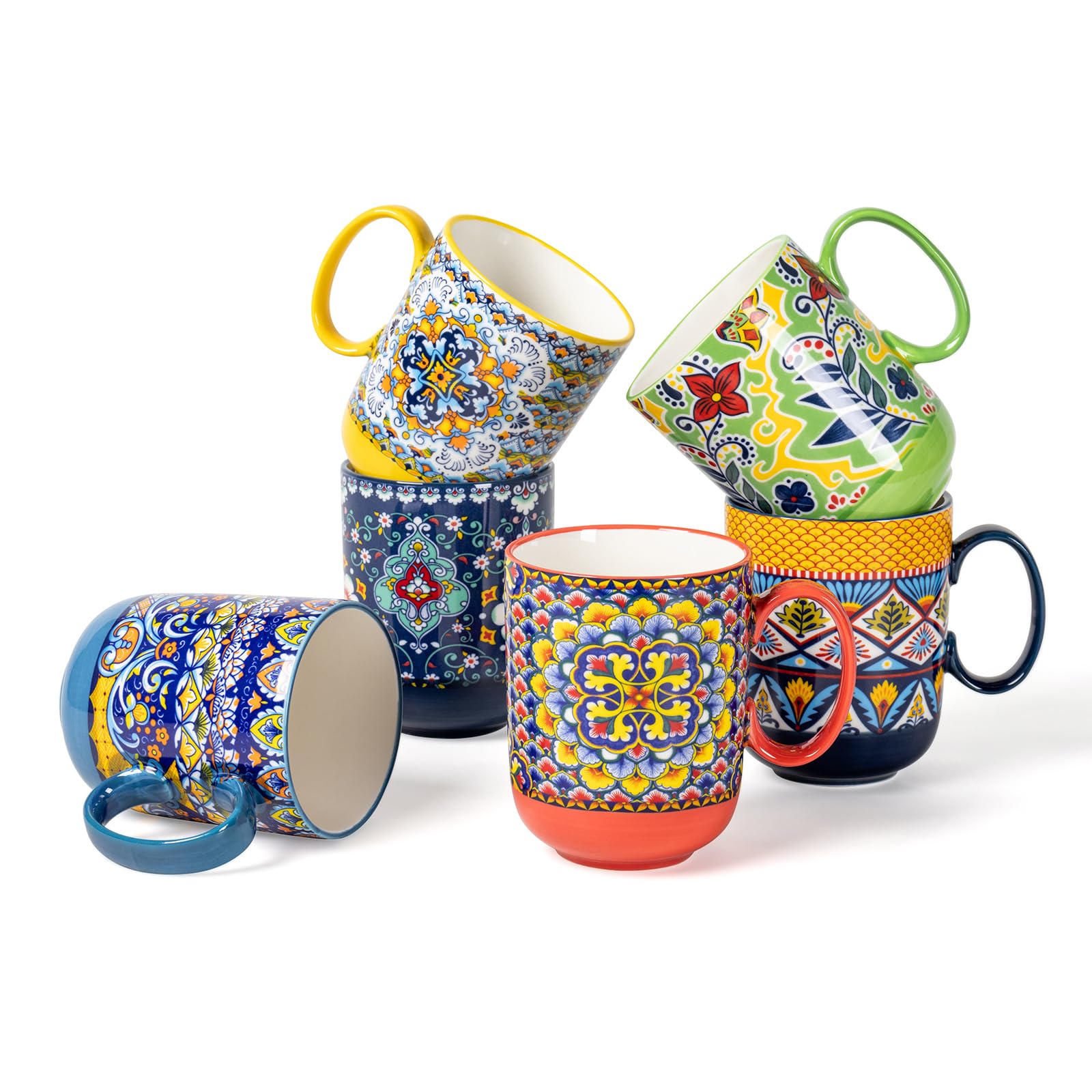 HENXFEN LEAD boho mug set front view with vibrant geometric patterns for daily coffee ritual