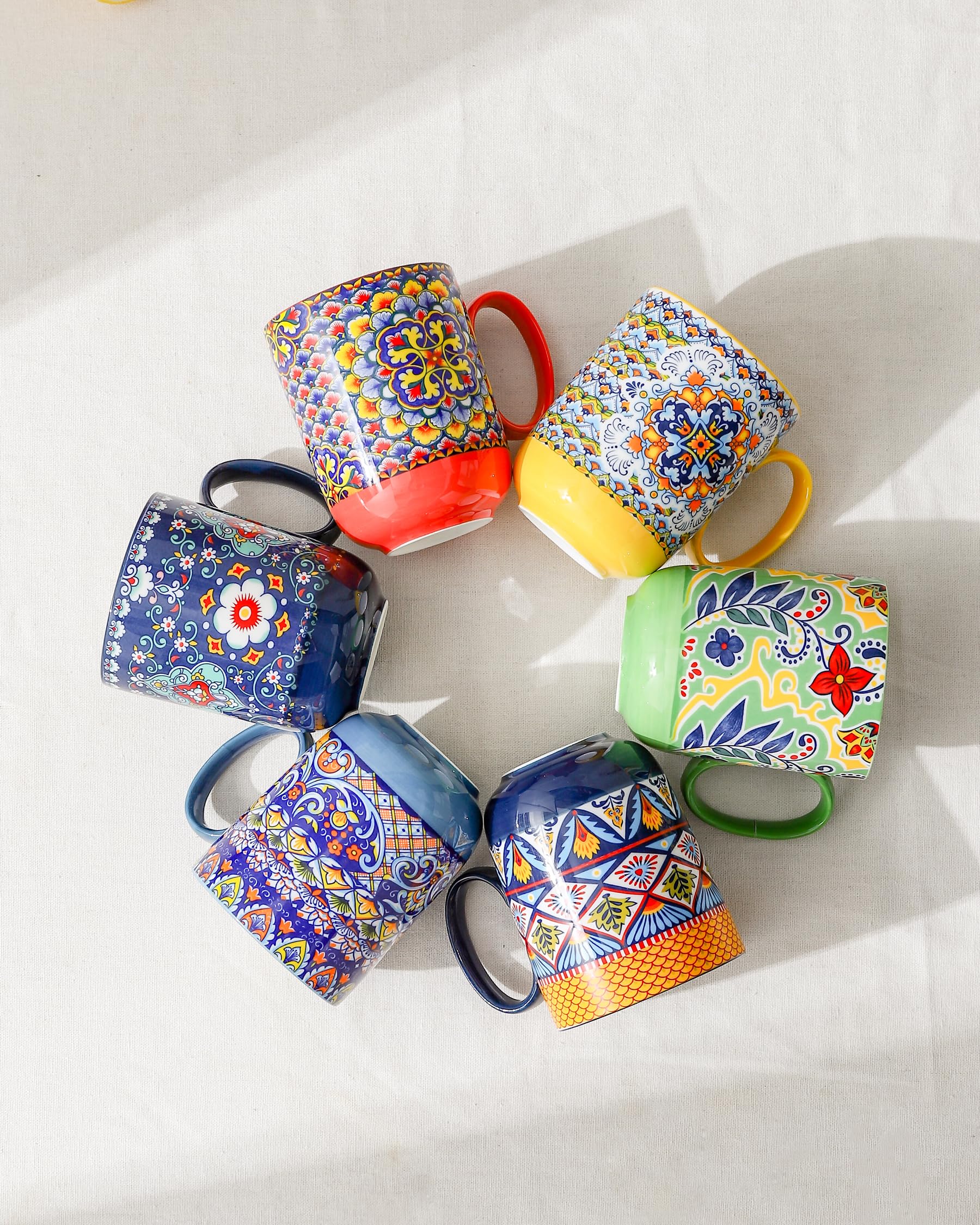 HENXFEN LEAD stackable boho mugs arranged to save cabinet space