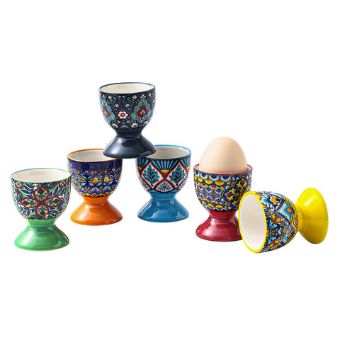 HENXFEN LEAD Boho ceramic egg cups with colorful patterns for stylish breakfasts.