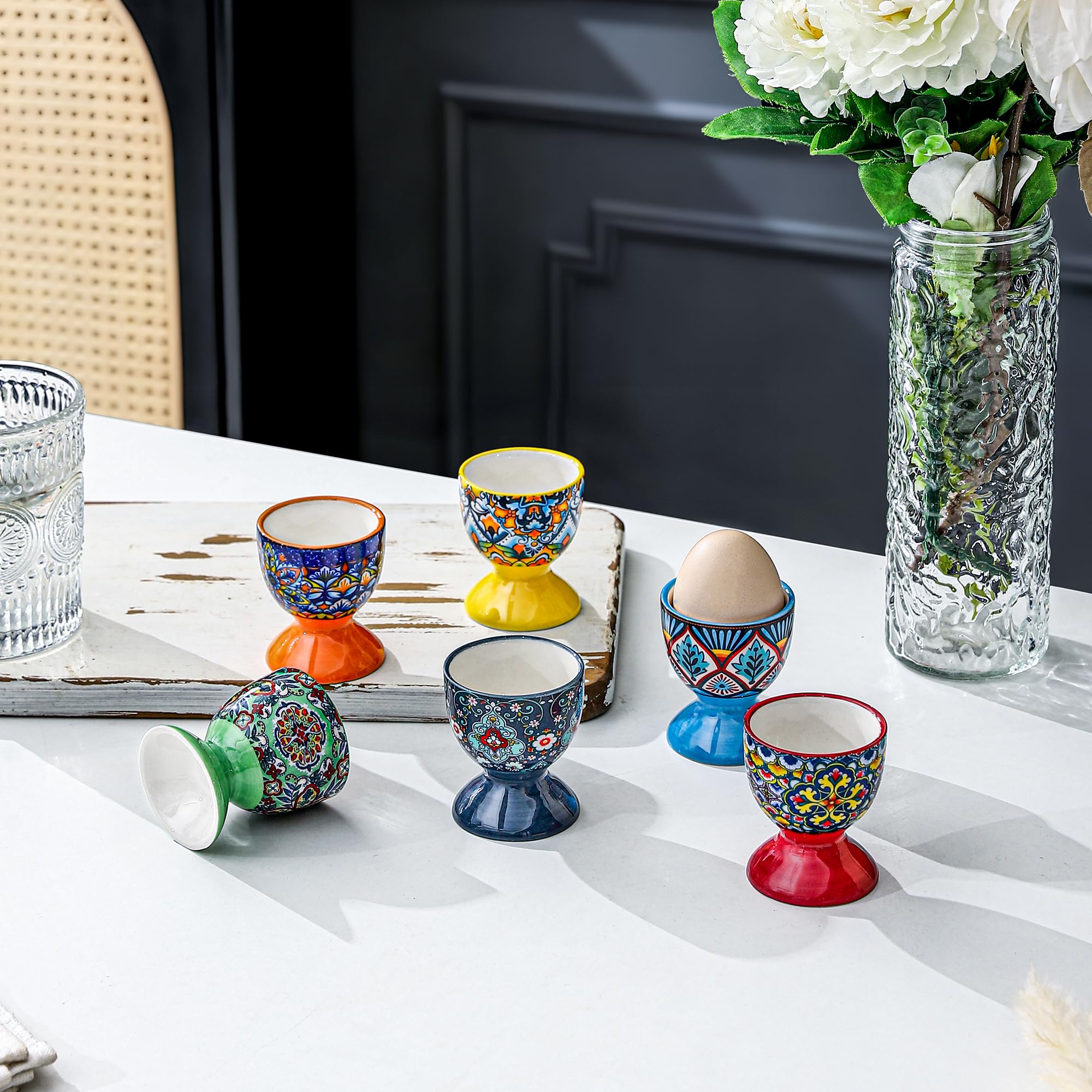 HENXFEN LEAD Boho ceramic egg cups are dishwasher safe for easy cleanup.
