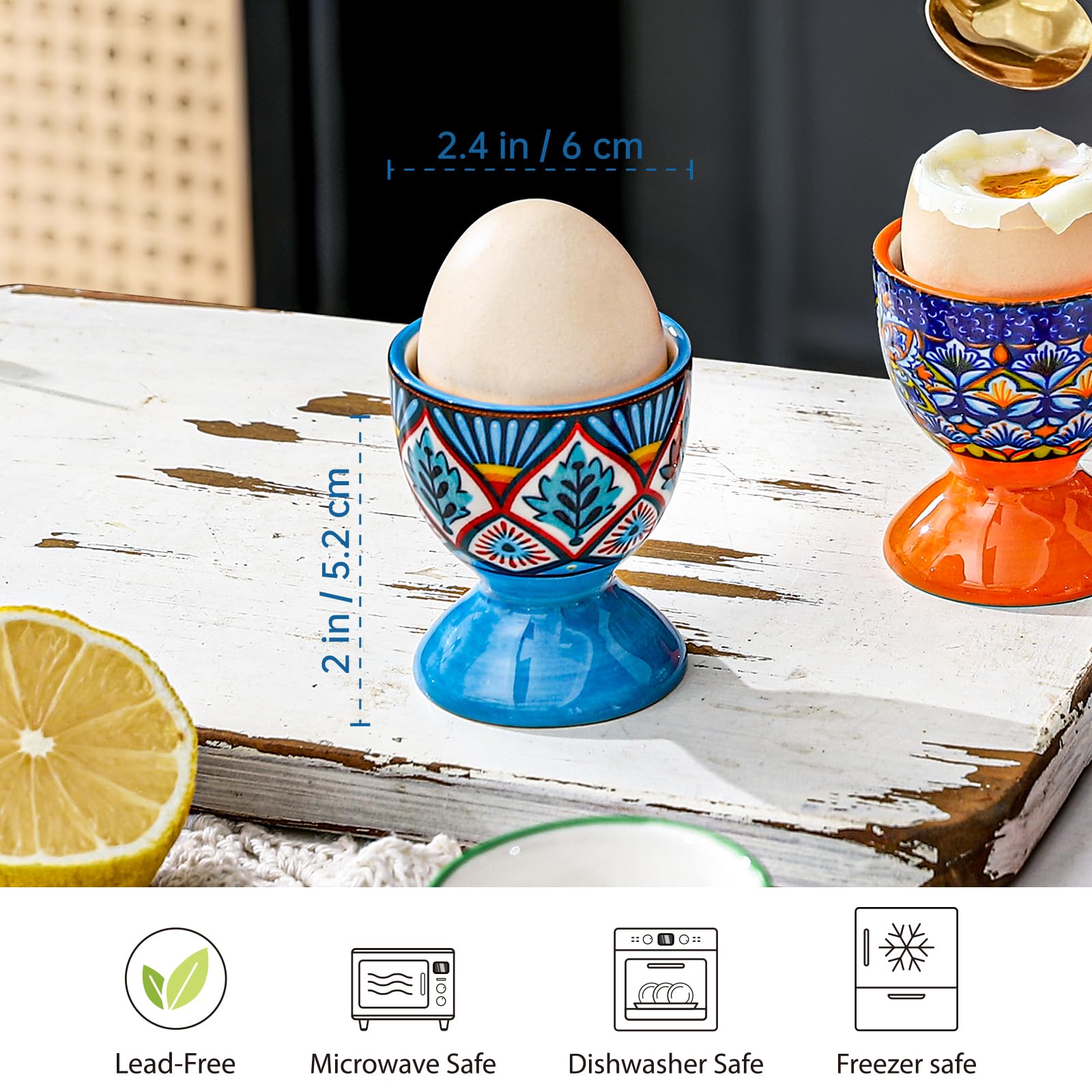 HENXFEN LEAD Boho ceramic egg cups with hand painted designs for brunch and display.