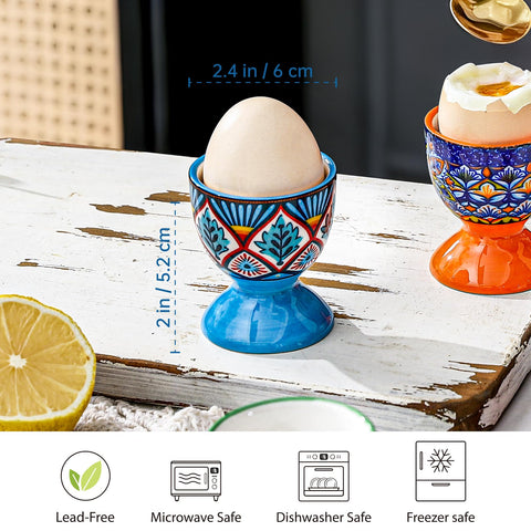 HENXFEN LEAD Boho ceramic egg cups with hand painted designs for brunch and display.