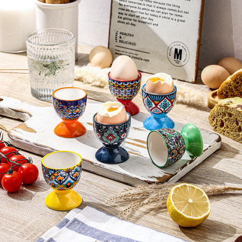 HENXFEN LEAD Boho ceramic egg cups with stable base for upright serving.