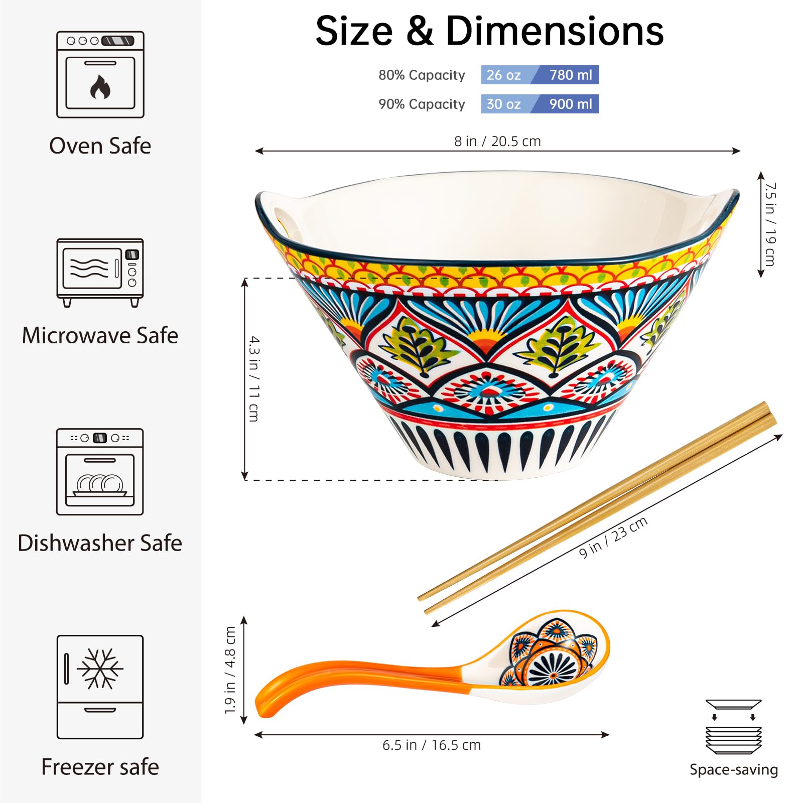 HENXFEN LEAD ramen bowl with spoon highlights an 8-inch, 30 oz capacity for hearty servings.