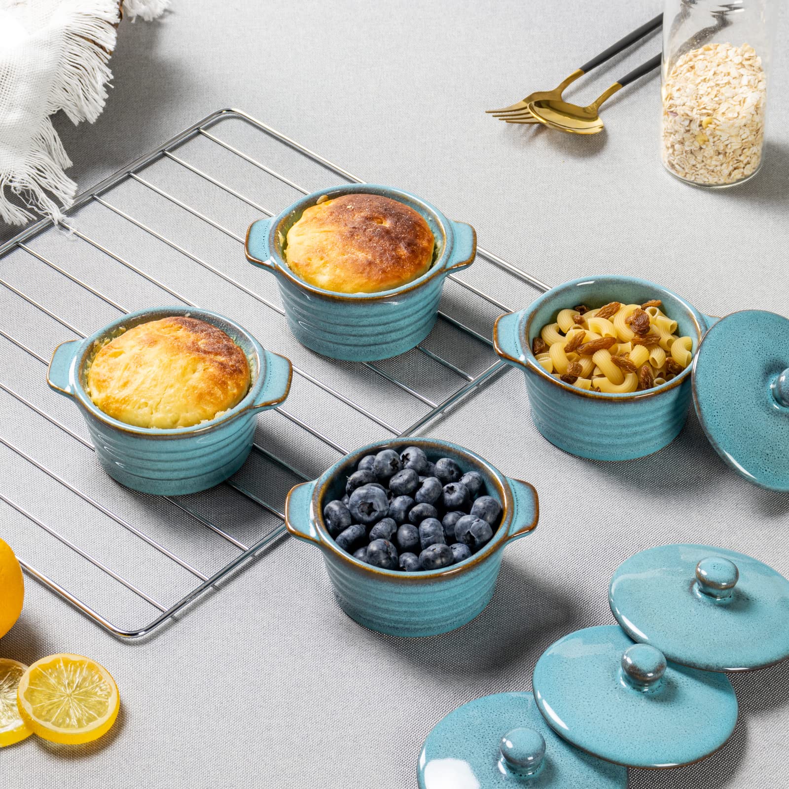 HENXFEN LEAD reactive blue glaze ramekin enhances elegant tableside presentation