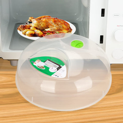 HENYU microwave splatter cover with steam vents over a plate keeps counter clean.