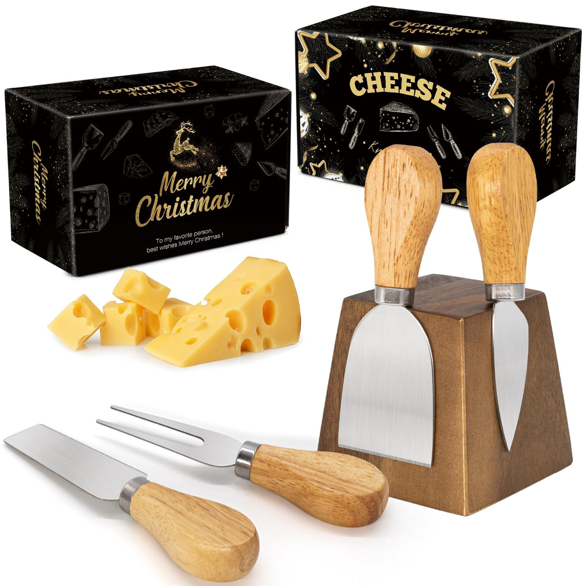 HEORIM four-piece cheese knife set with magnetic stand for organized charcuterie prep.