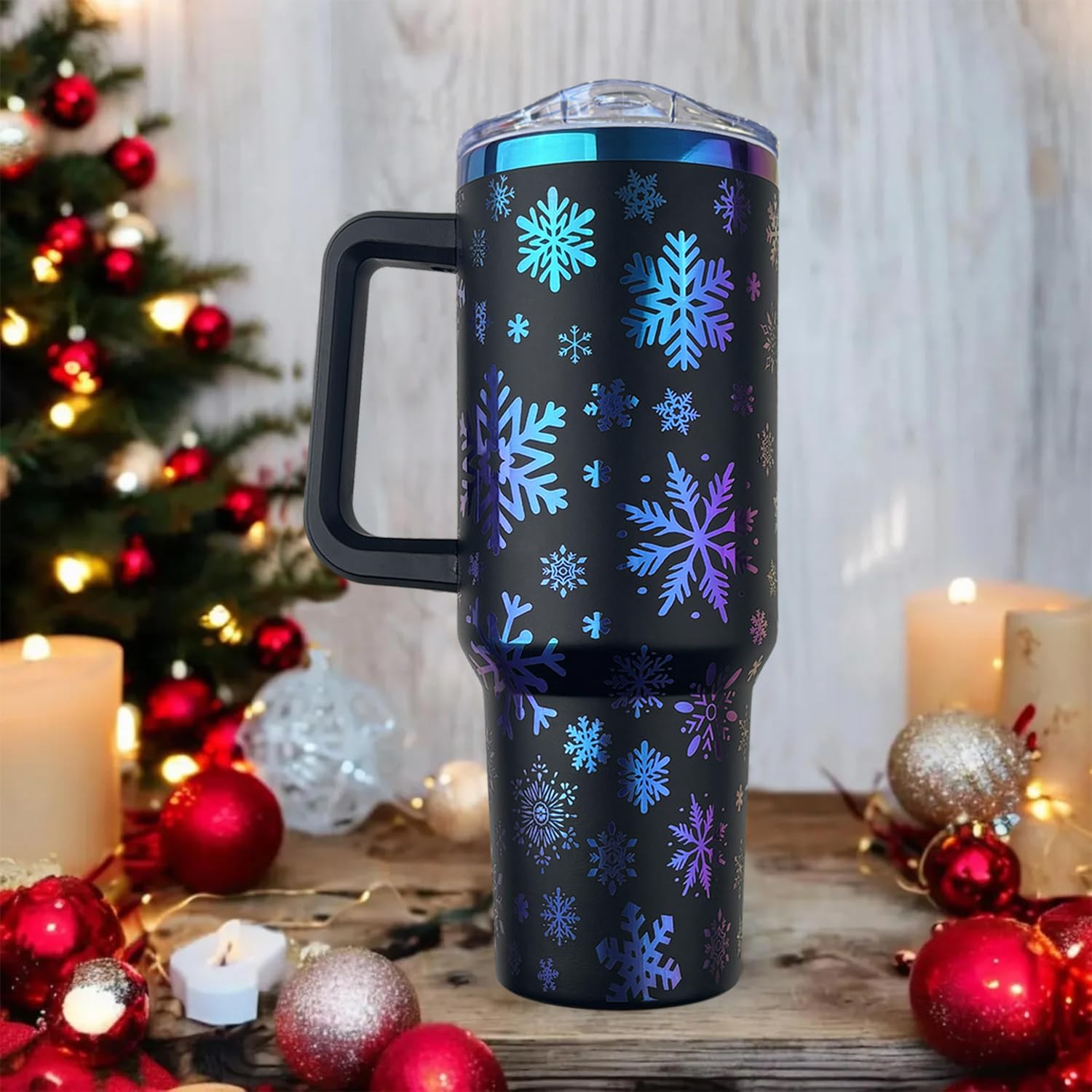 Heqianco snowflake coffee cup with lid and straw for mess-free sipping.