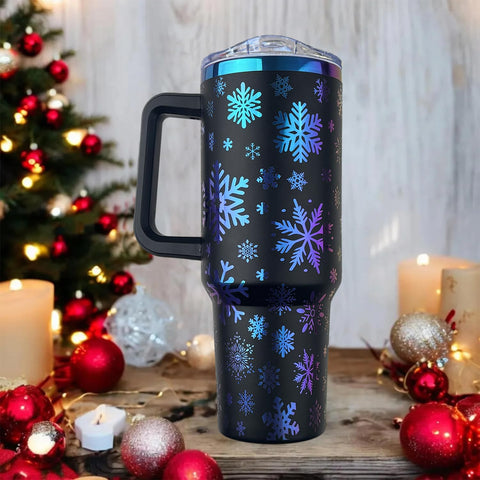 Heqianco snowflake coffee cup with lid and straw for mess-free sipping.