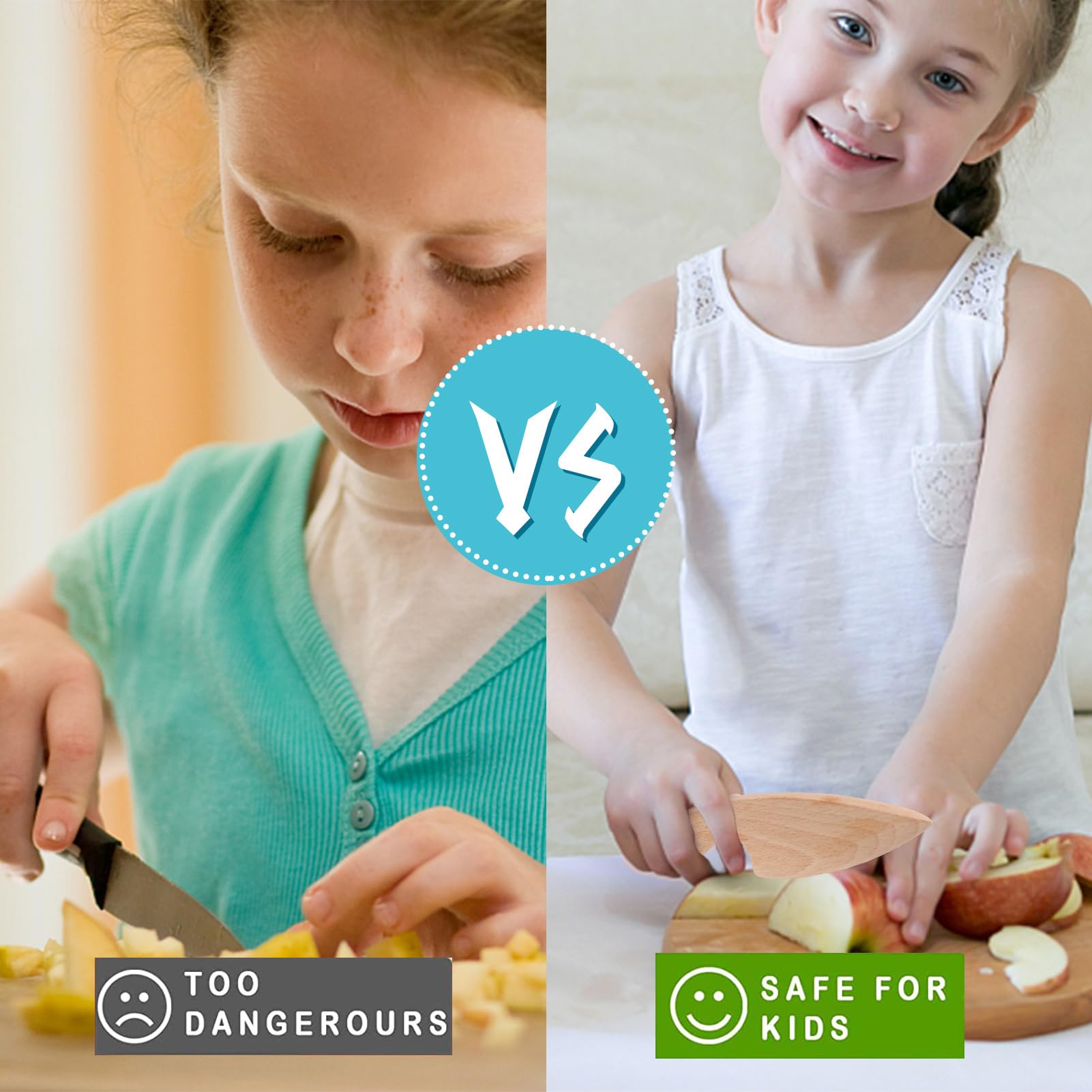 HEQU wooden cutting board provides stable prep space for tiny hands