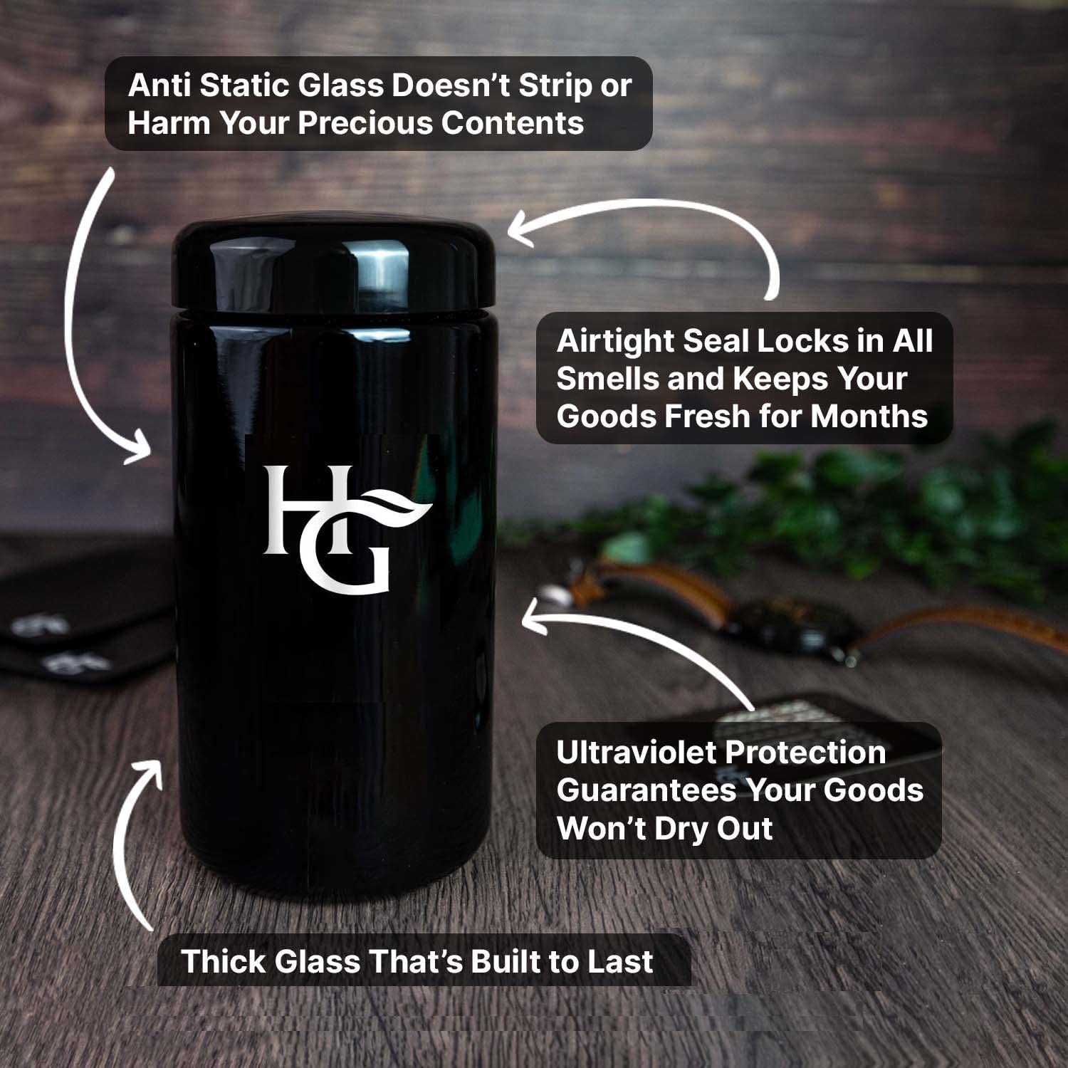 Herb Guard antistatic glass helps prevent static and preserve contents.