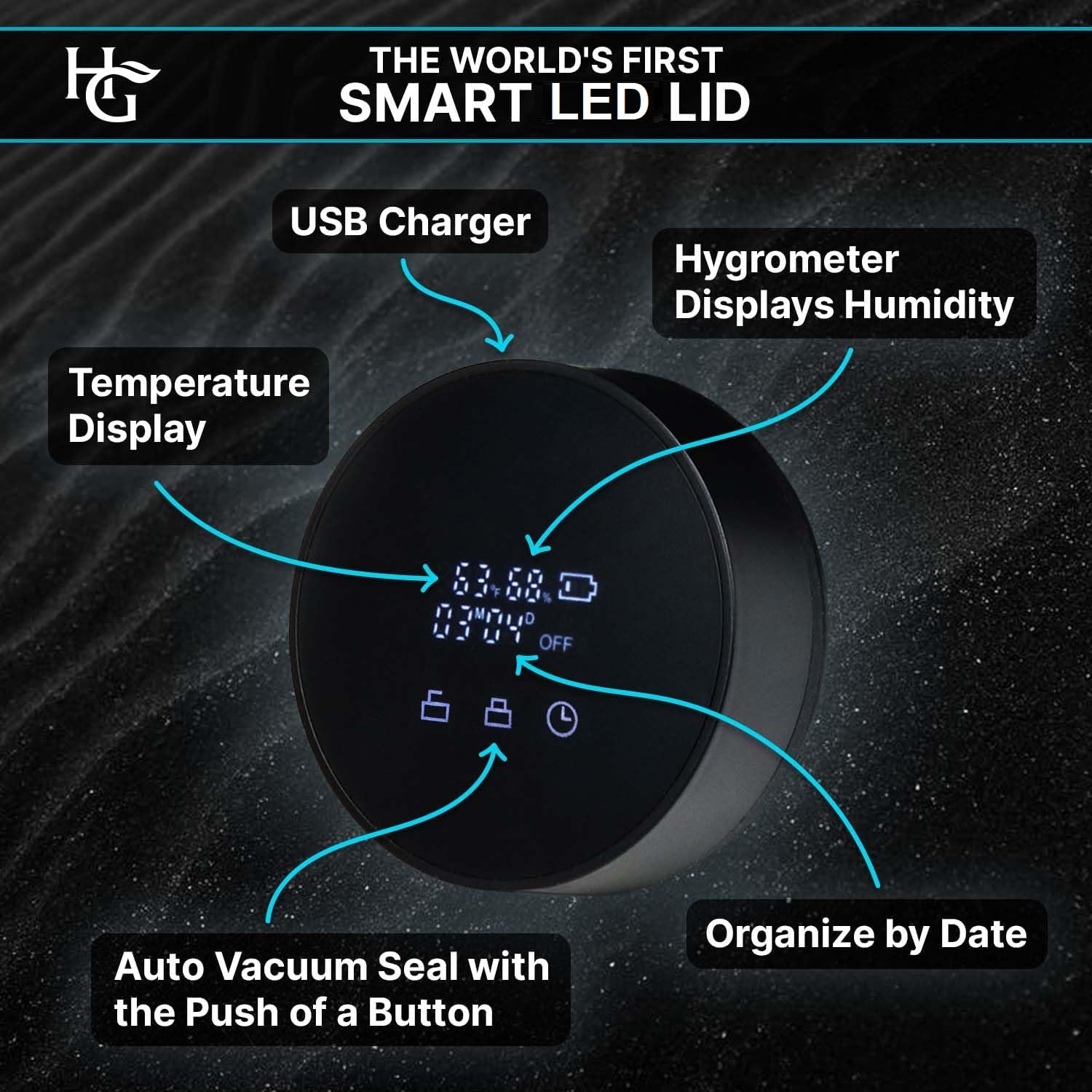 Herb Guard hygrometer lid displaying precise humidity readout for optimal conditions.
