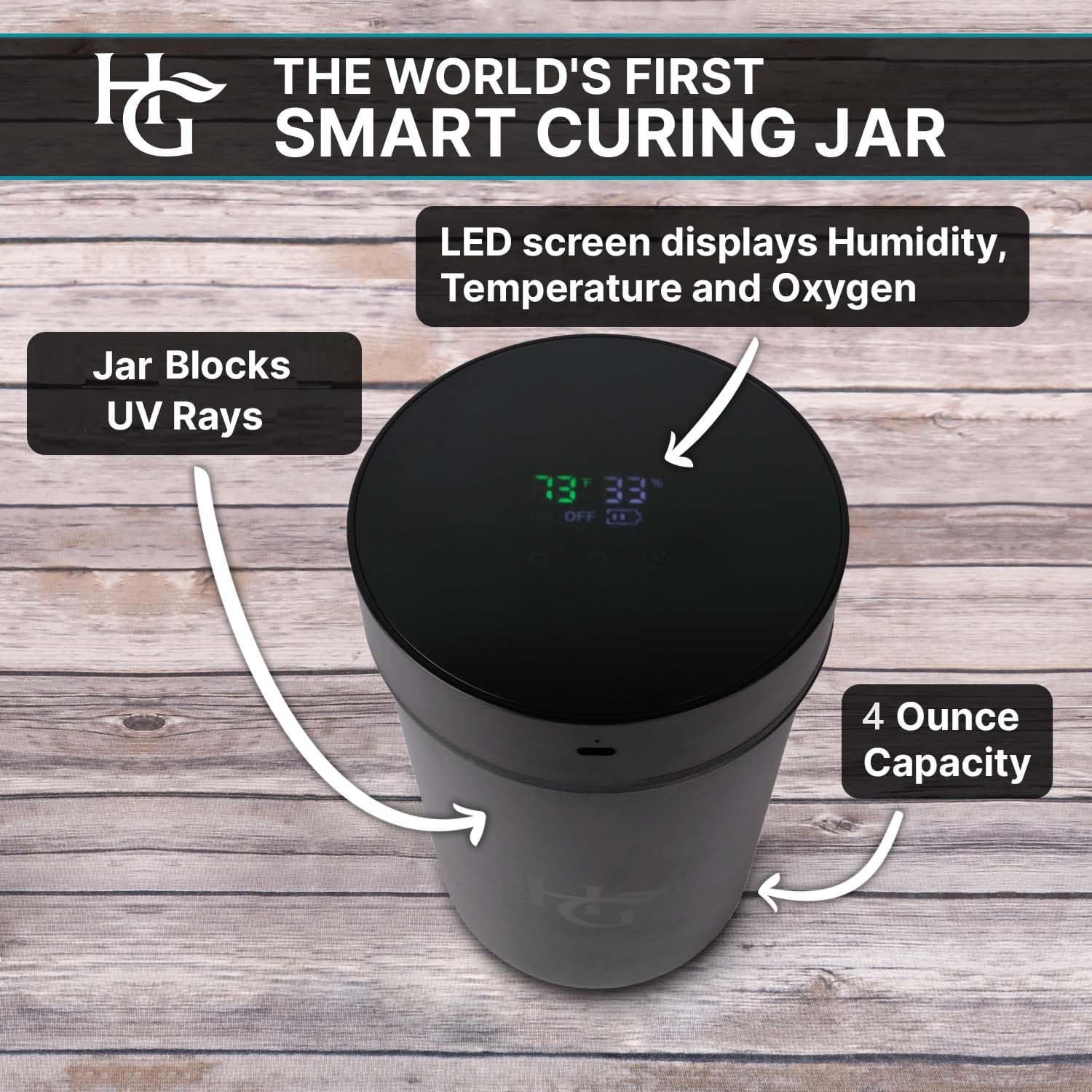 Herb Guard smart lid with LED screen demonstrates cure and storage monitoring.