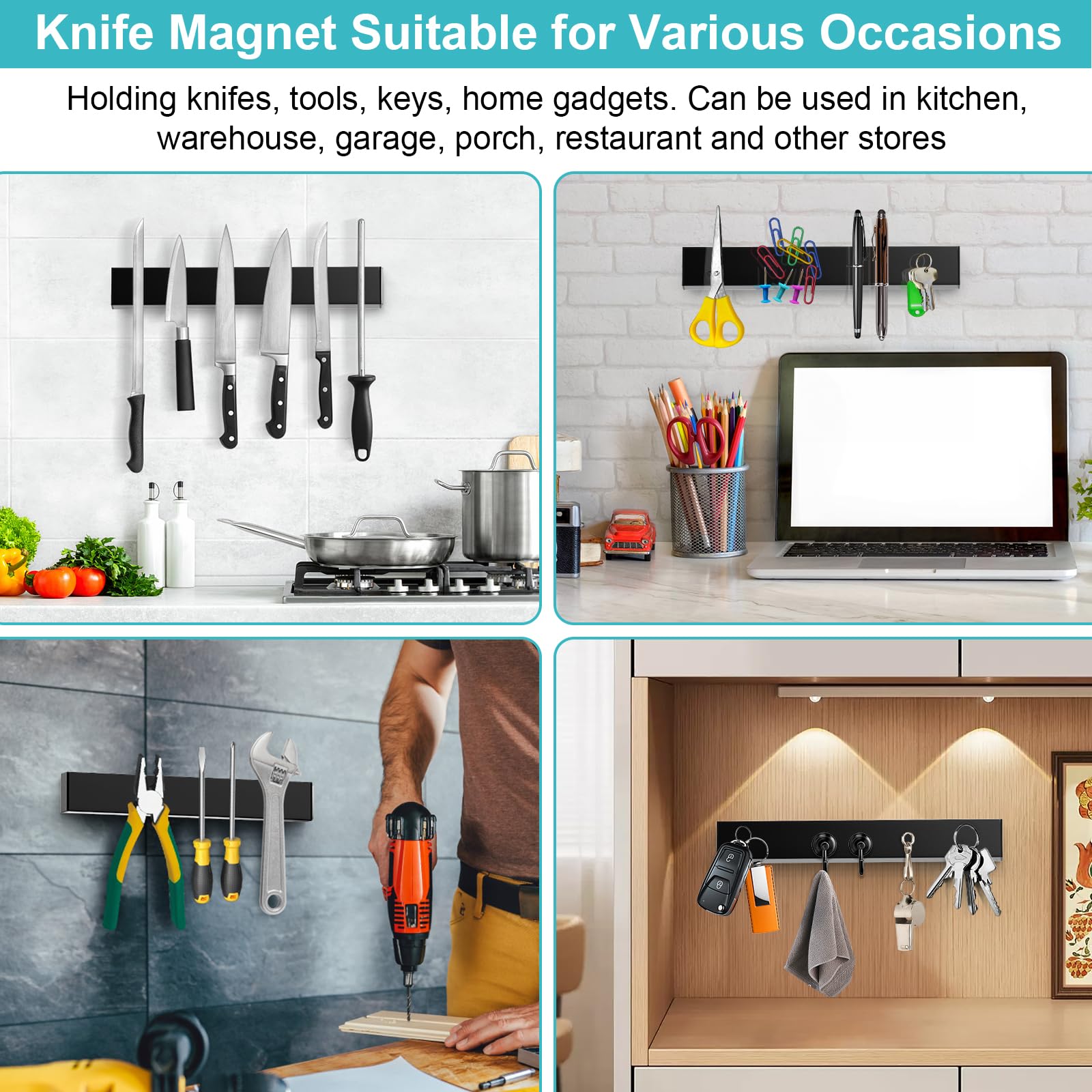 Kitchen wall showcasing HEREOF magnetic knife strip in use