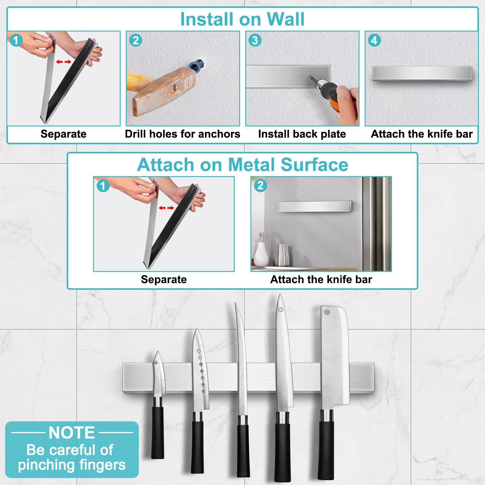 HEREOF Knife Magnetic Strip mounted over a counter saves kitchen space.