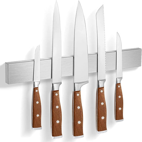 HEREOF Knife Magnetic Strip on wall keeps blades secure and accessible.