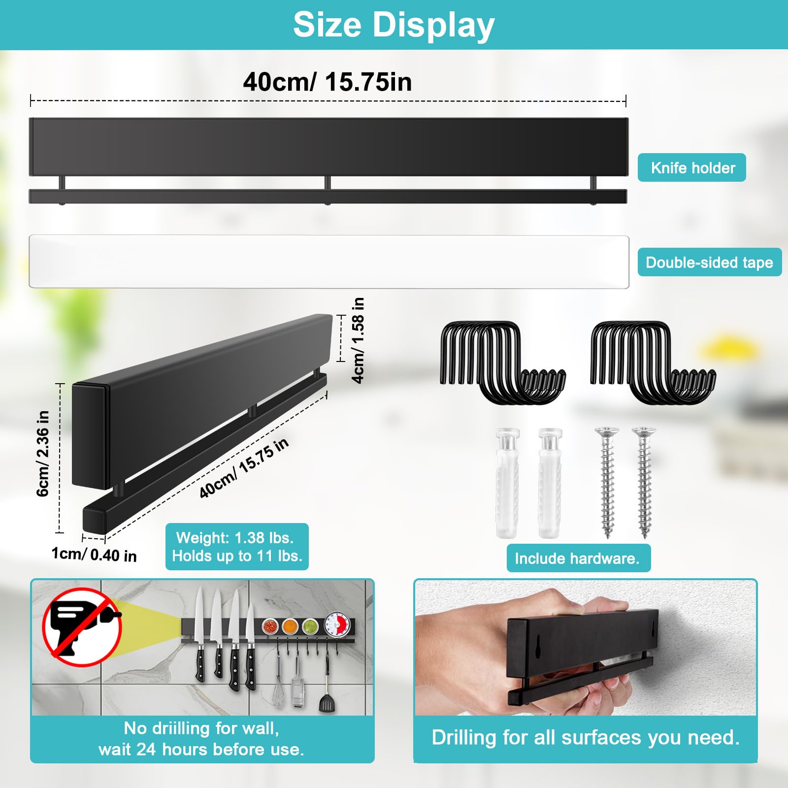 Hereof knife strip with hooks on wall mount for utensils.
