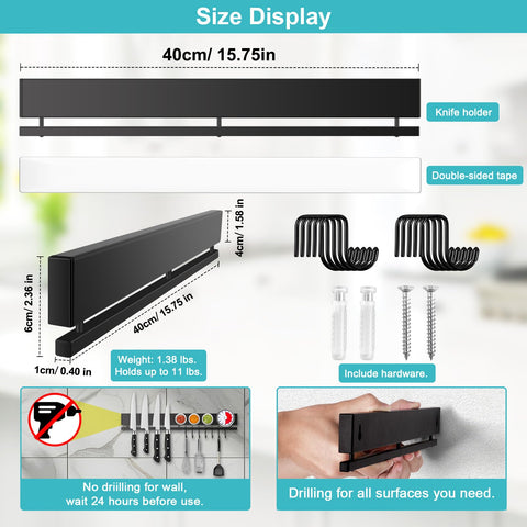 Hereof knife strip with hooks on wall mount for utensils.