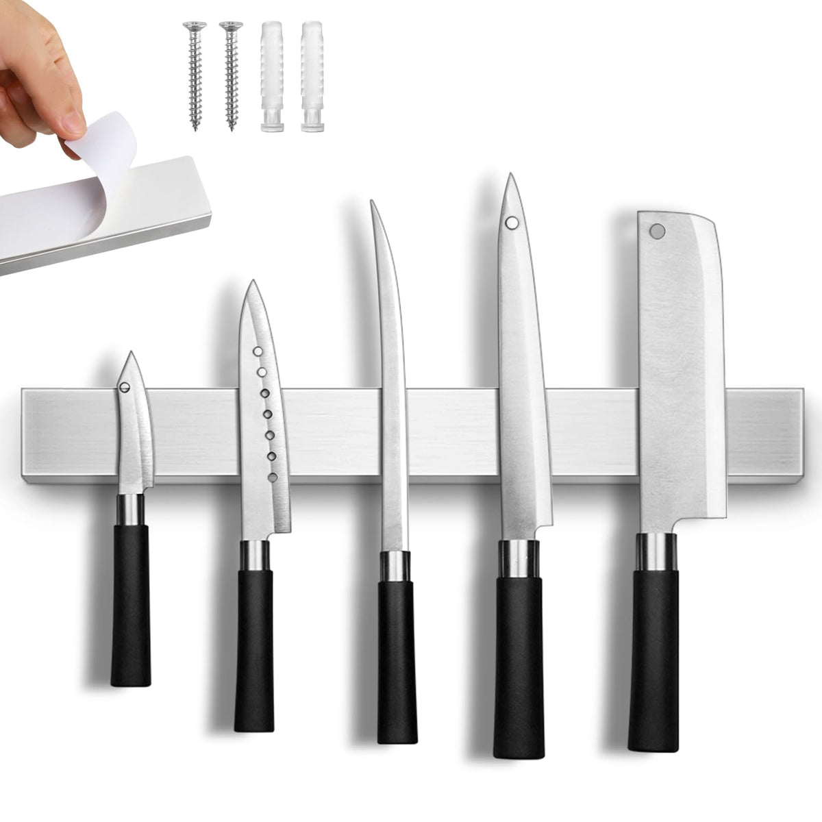 HEREOF magnetic knife strip on the wall with no-drill installation securely holding blades