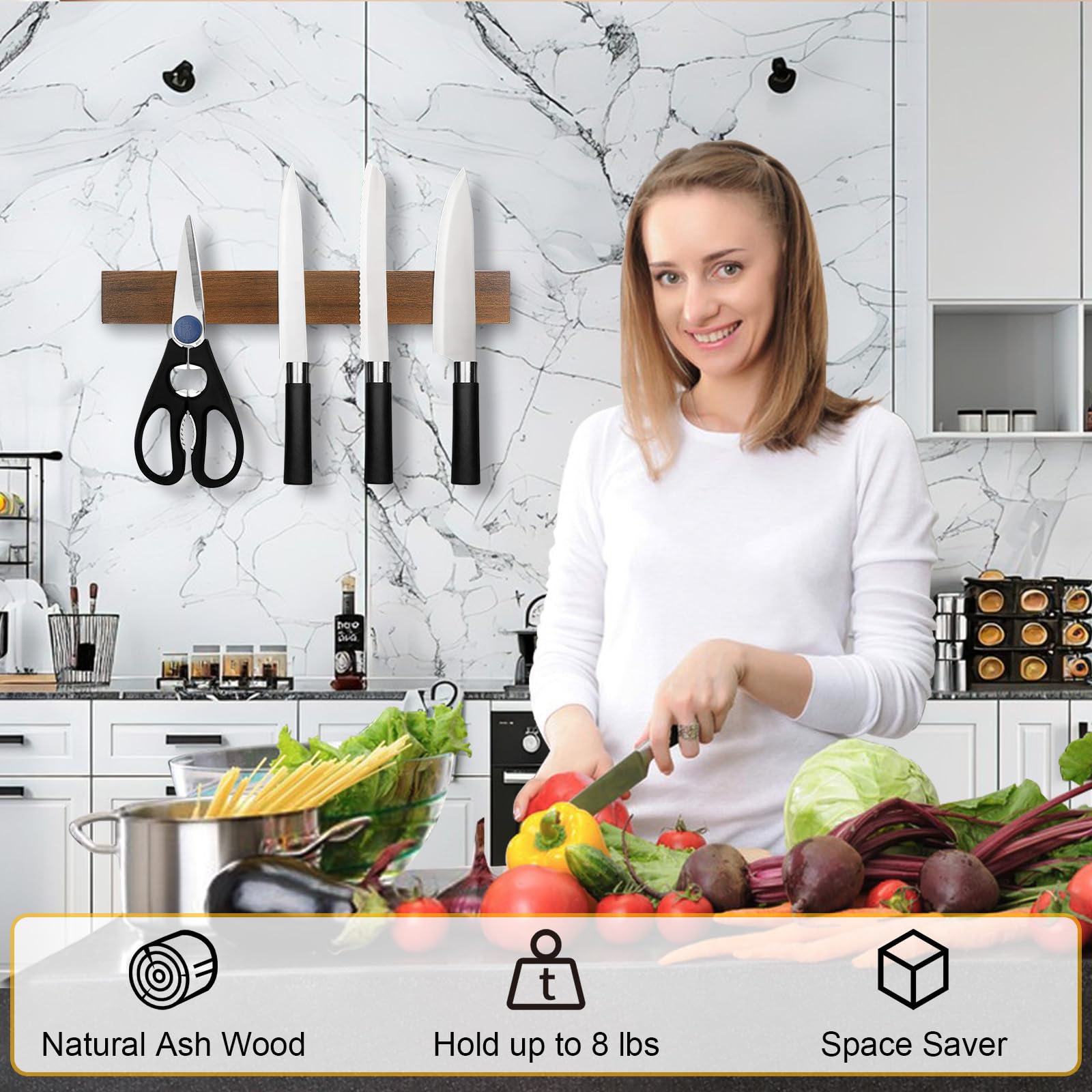 HEREOF multi-use magnetic strip holds utensils, tools, and small accessories.