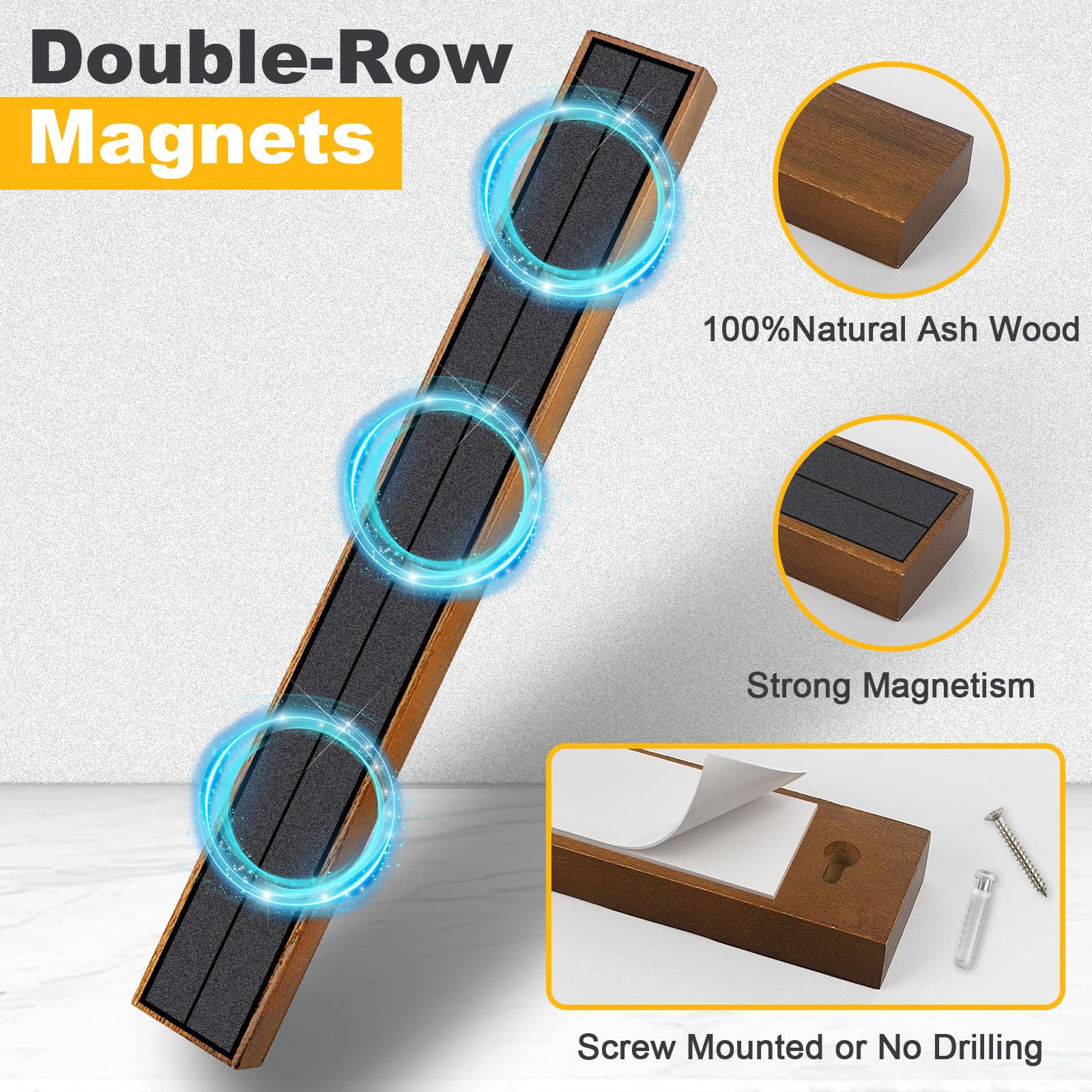 HEREOF no-drill knife holder with adhesive installs quickly on smooth surfaces.
