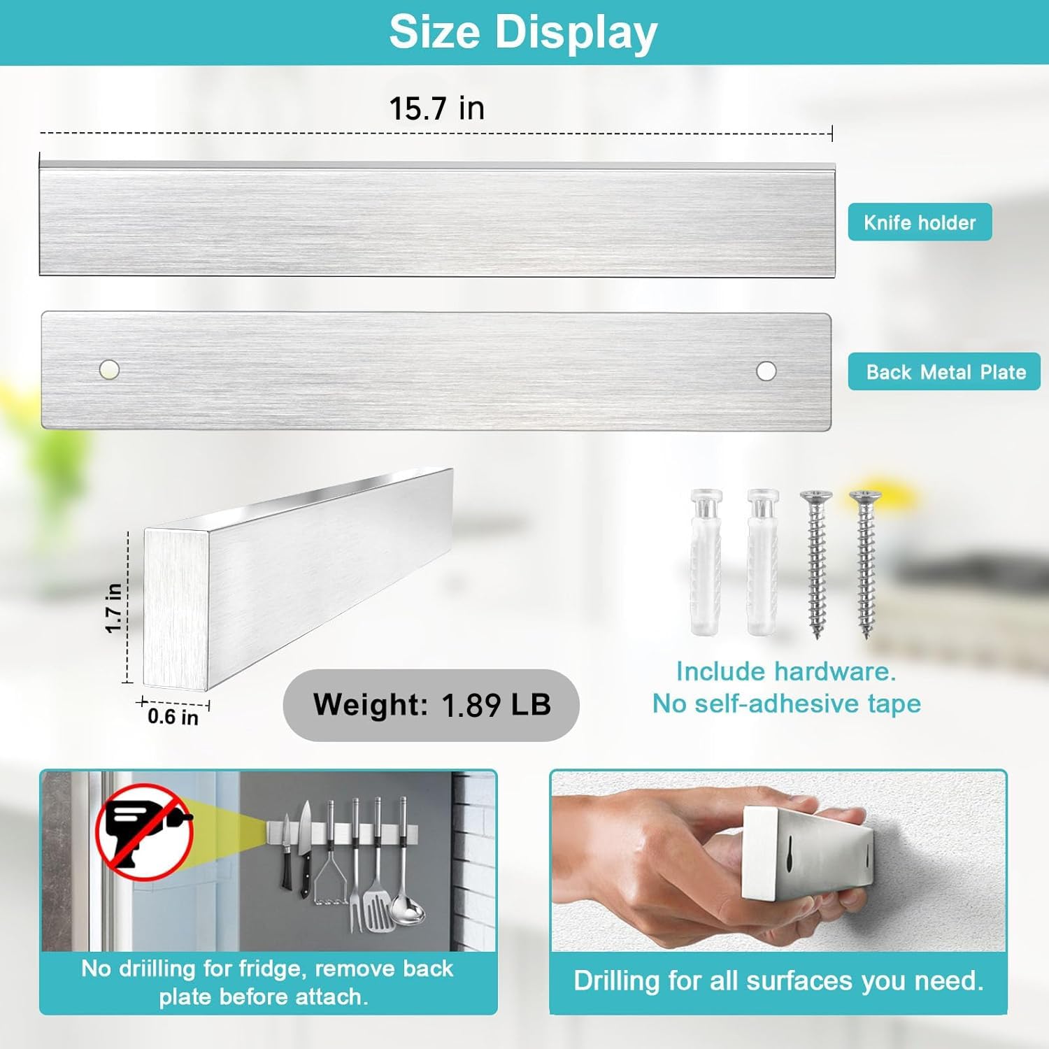 HEREOF satin-finish knife-holder provides safe, scratch-free wall storage for kitchen tools.