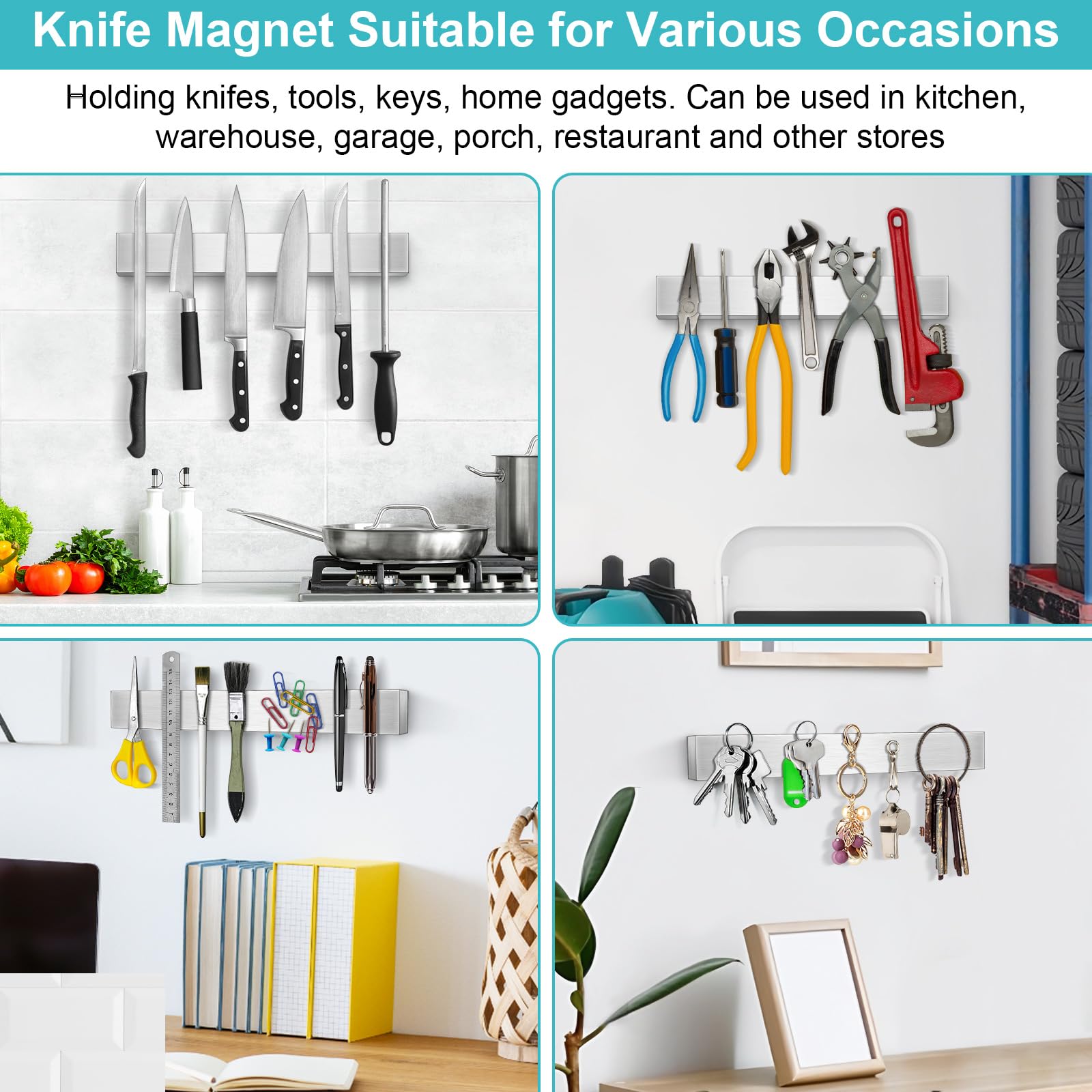HEREOF stainless steel knife-strip keeps blades rust-free and tidy in the kitchen.