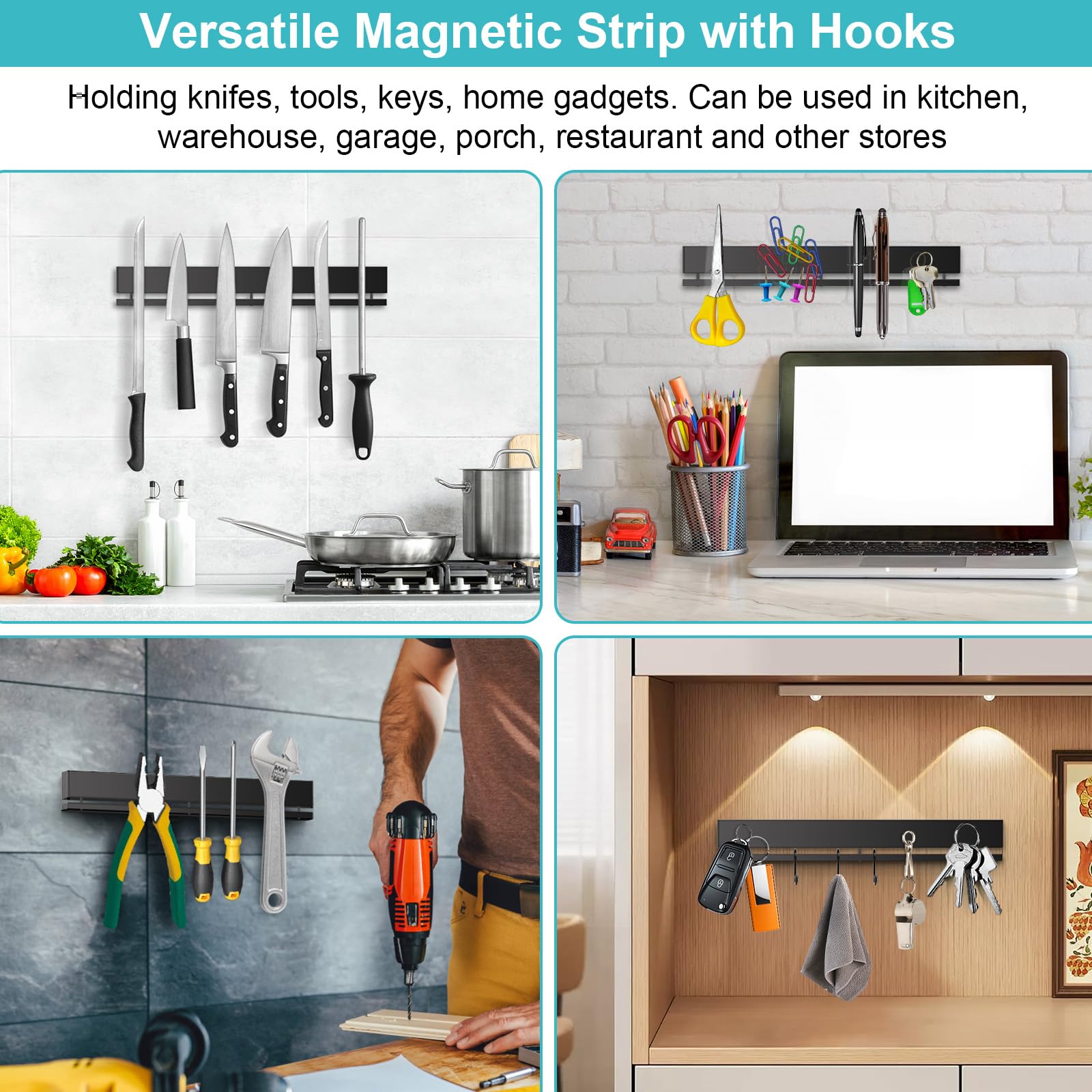 Hereof wall-mount knife rack keeps counters clear and organized.