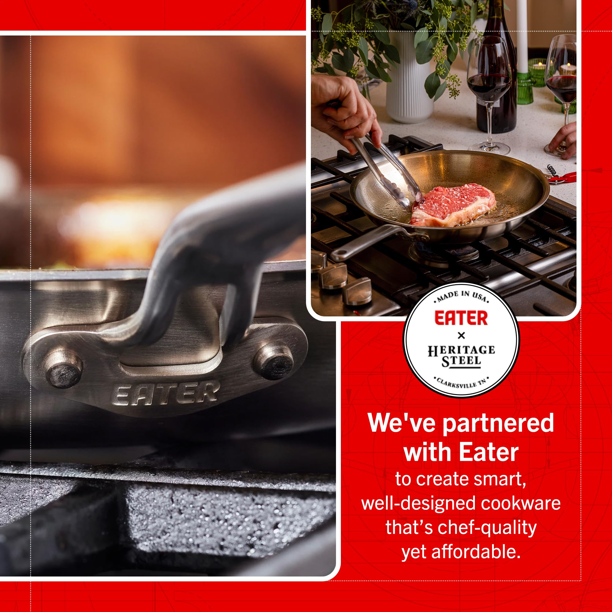 Close-up of stay-cool handle on Heritage Steel Eater Series pan for safe cooking