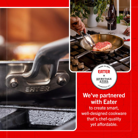 Close-up of stay-cool handle on Heritage Steel Eater Series pan for safe cooking