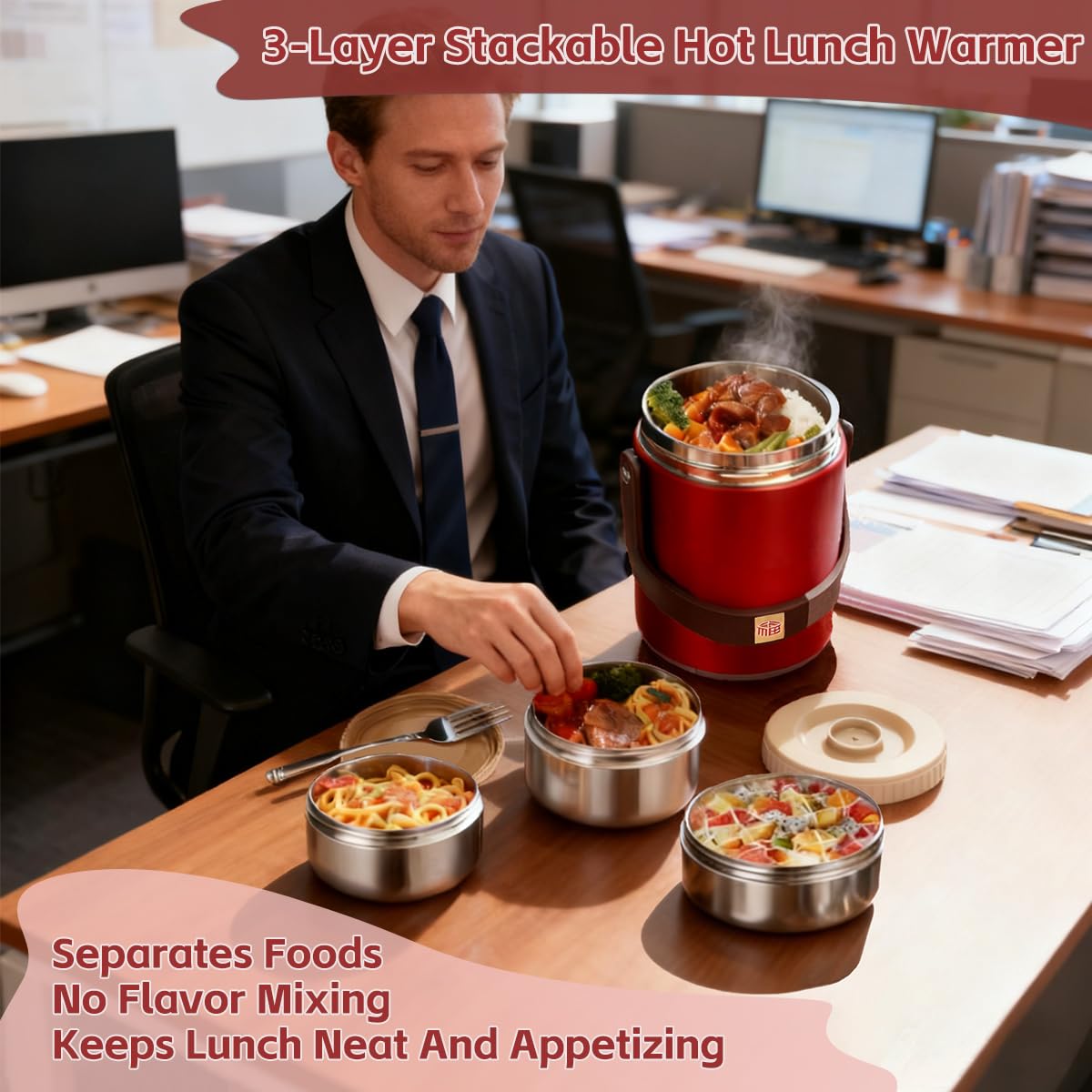 Office-friendly meal prep tool keeps meals ready.
