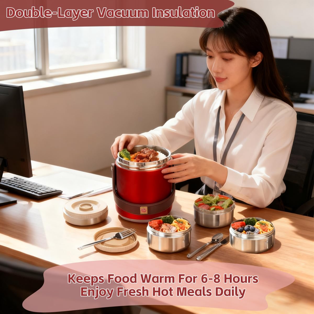 Red color option adds bright accent to lunch routine.