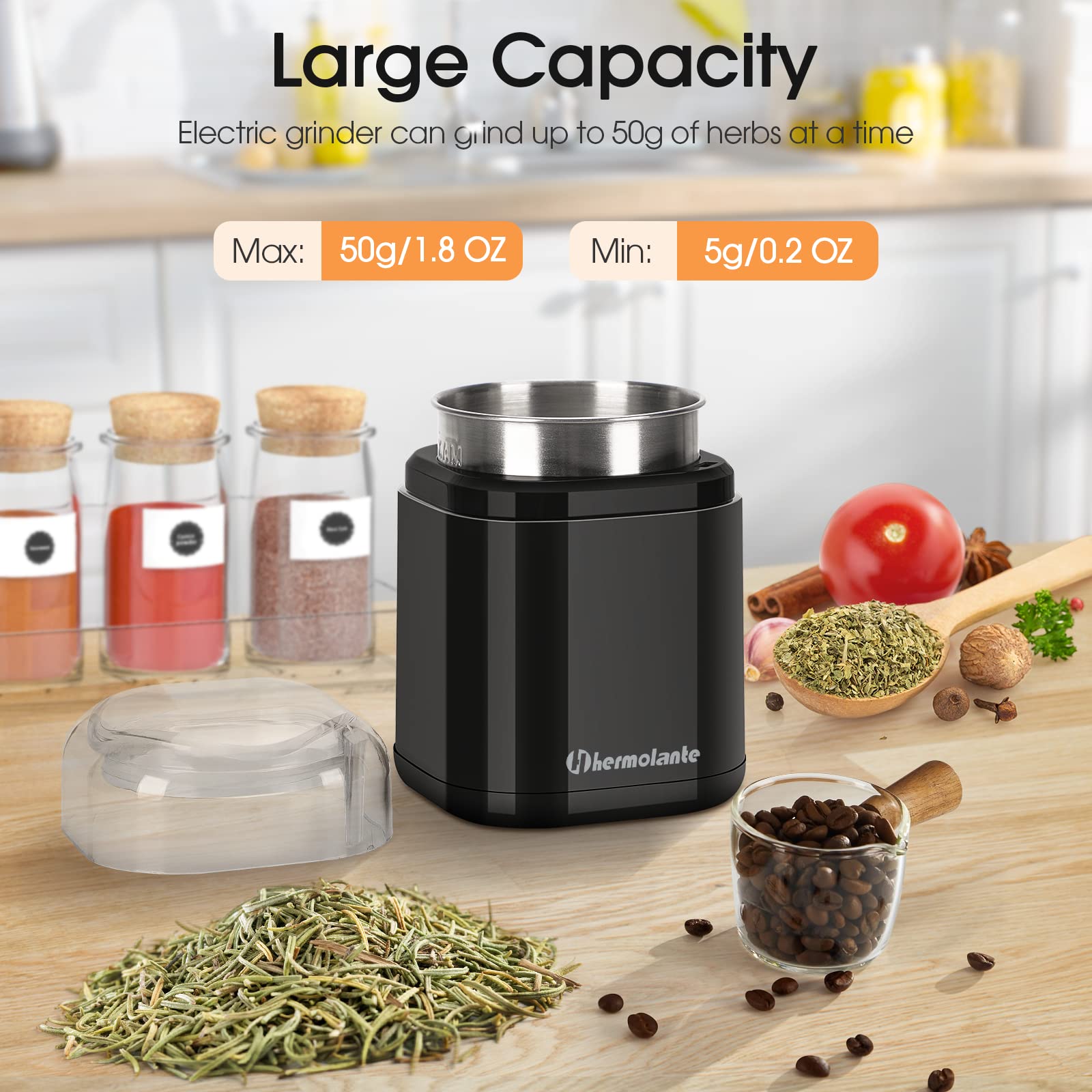 Black Hermolante grinder ready for herbs, spices, seeds, and nuts.