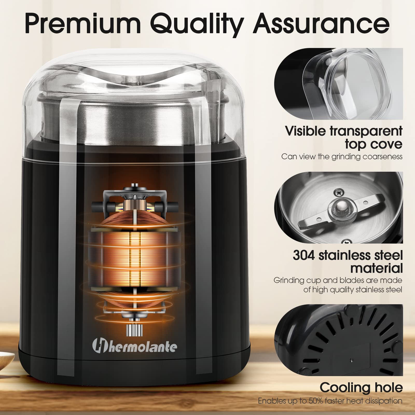 Clear lid on Hermolante grinder shows grinding progress for controlled texture.