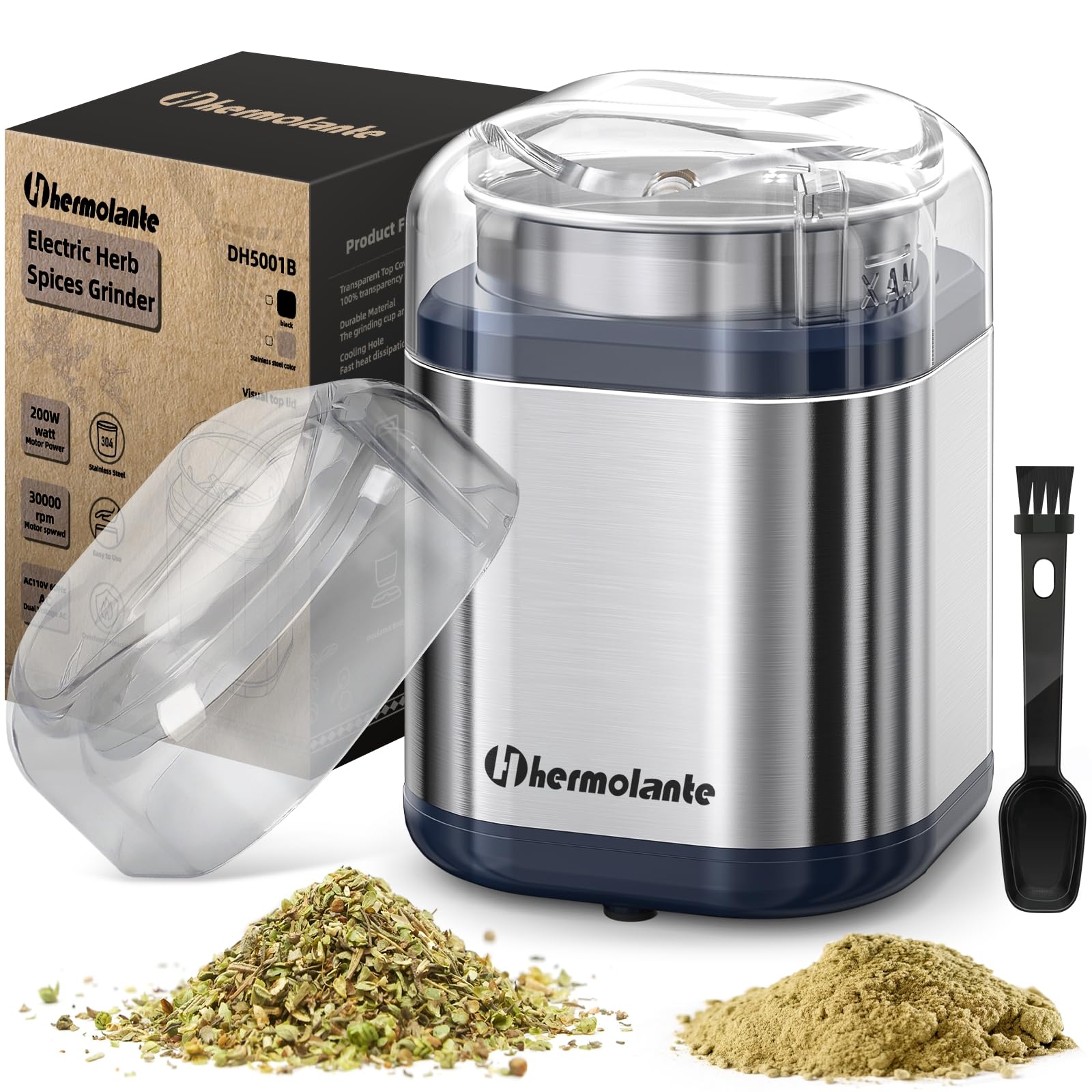 Hermolante herb grinder front view shows compact design and fast grinding.
