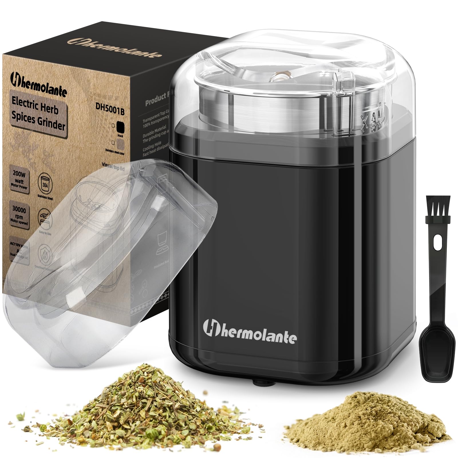 Hermolante herb grinder in action with 200W motor delivering fast, even grinding.