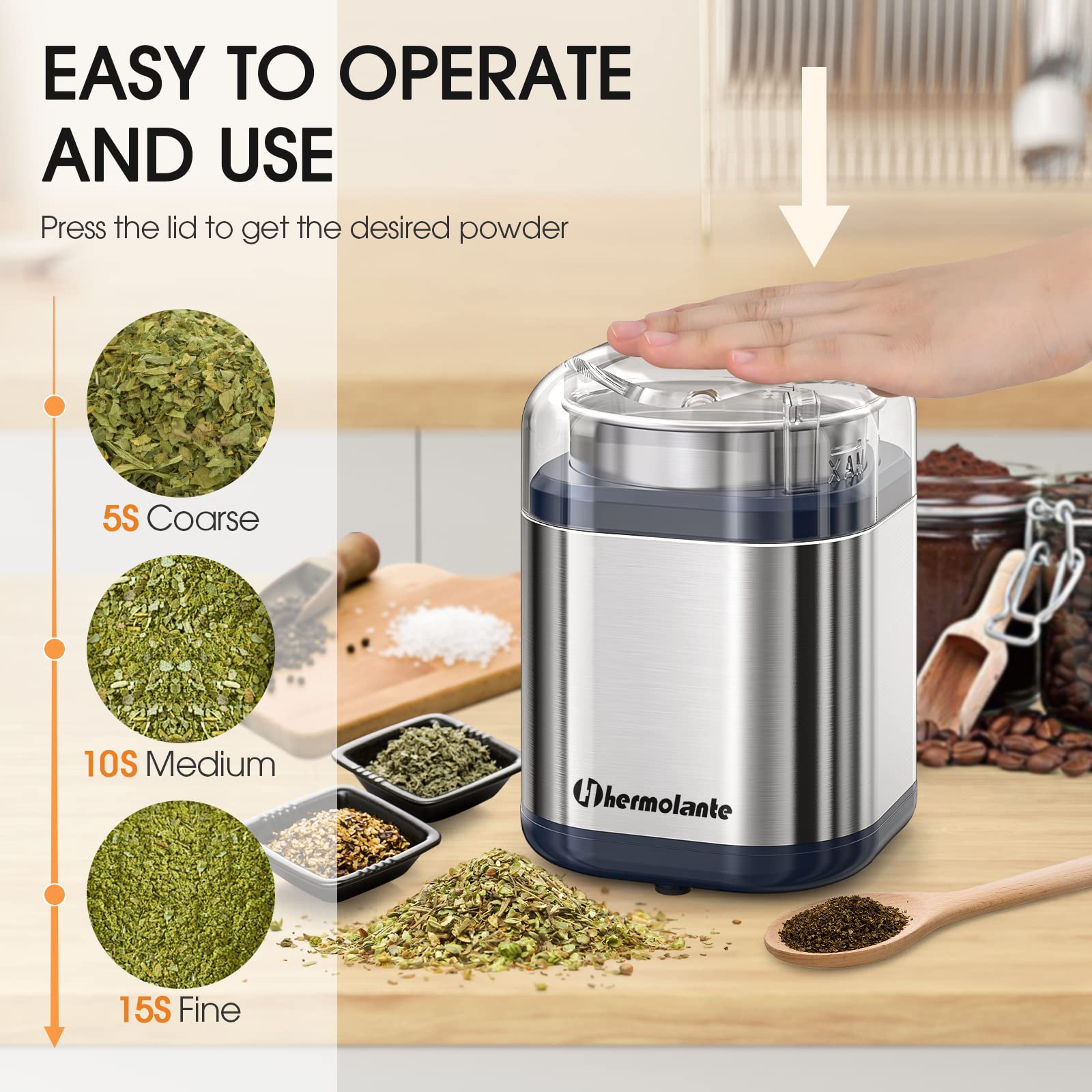 Hermolante spice grinder lid-action demonstrates safe start with press-down lid.