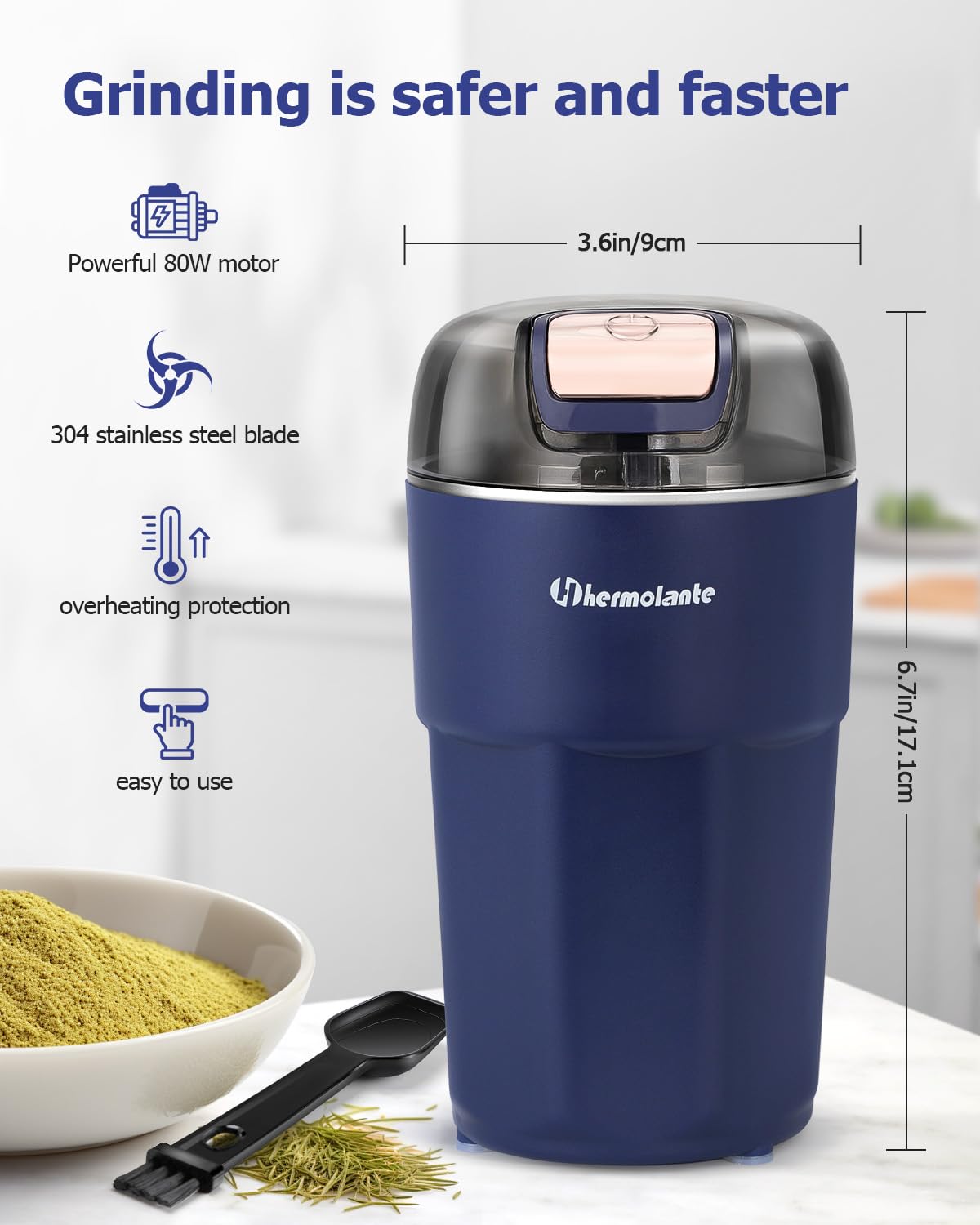 Hermolante one-key-start grinder offers simple, controlled grinding.