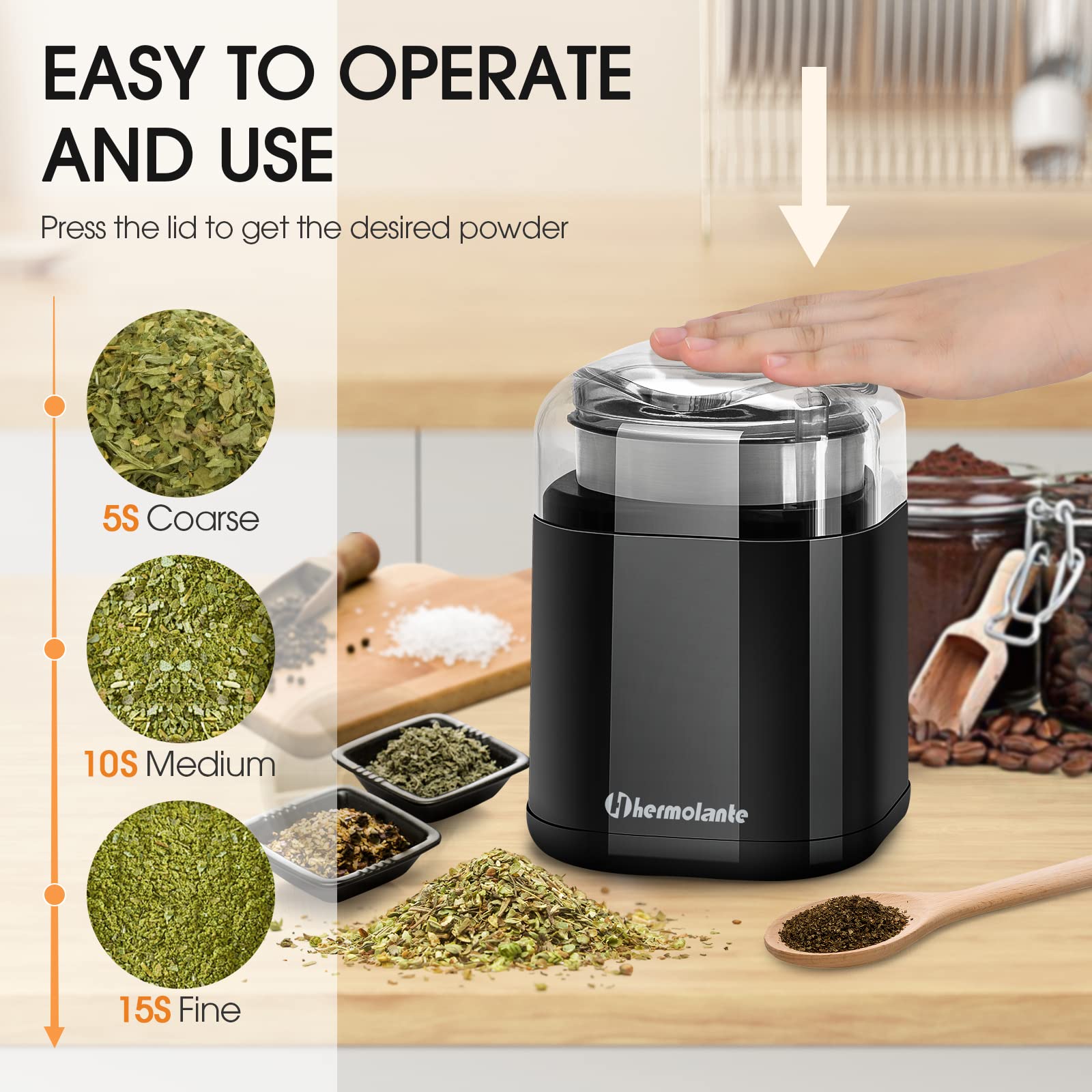 Hermolante spice grinder with stainless steel blade for consistent flavor release.