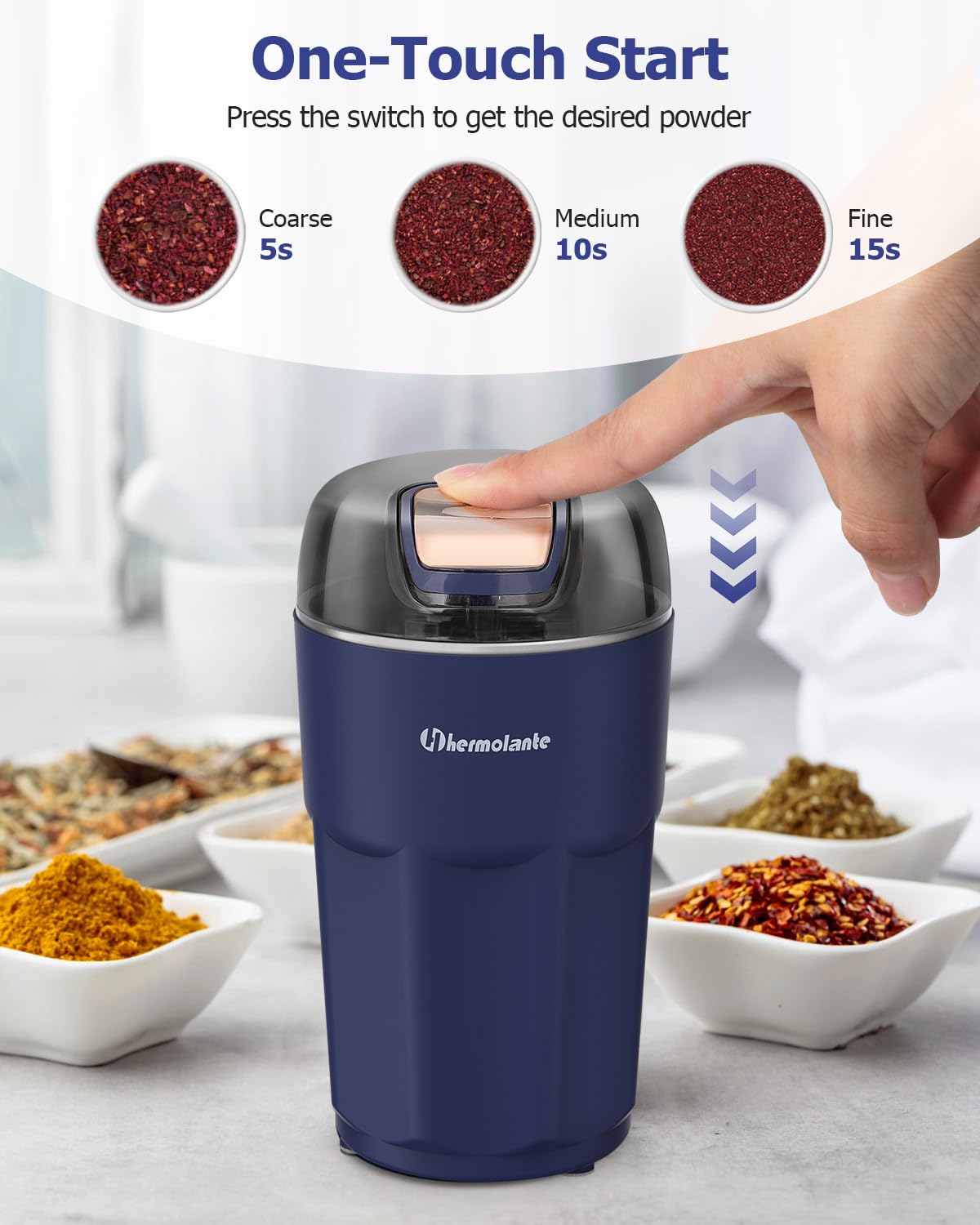 Hermolante grinder stainless blades ensure durable, even grinding.
