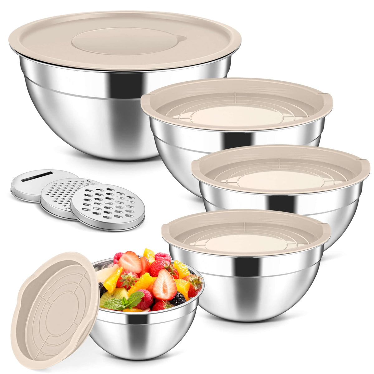 Herogo 5-piece mixing bowls with lids for organized meal prep.