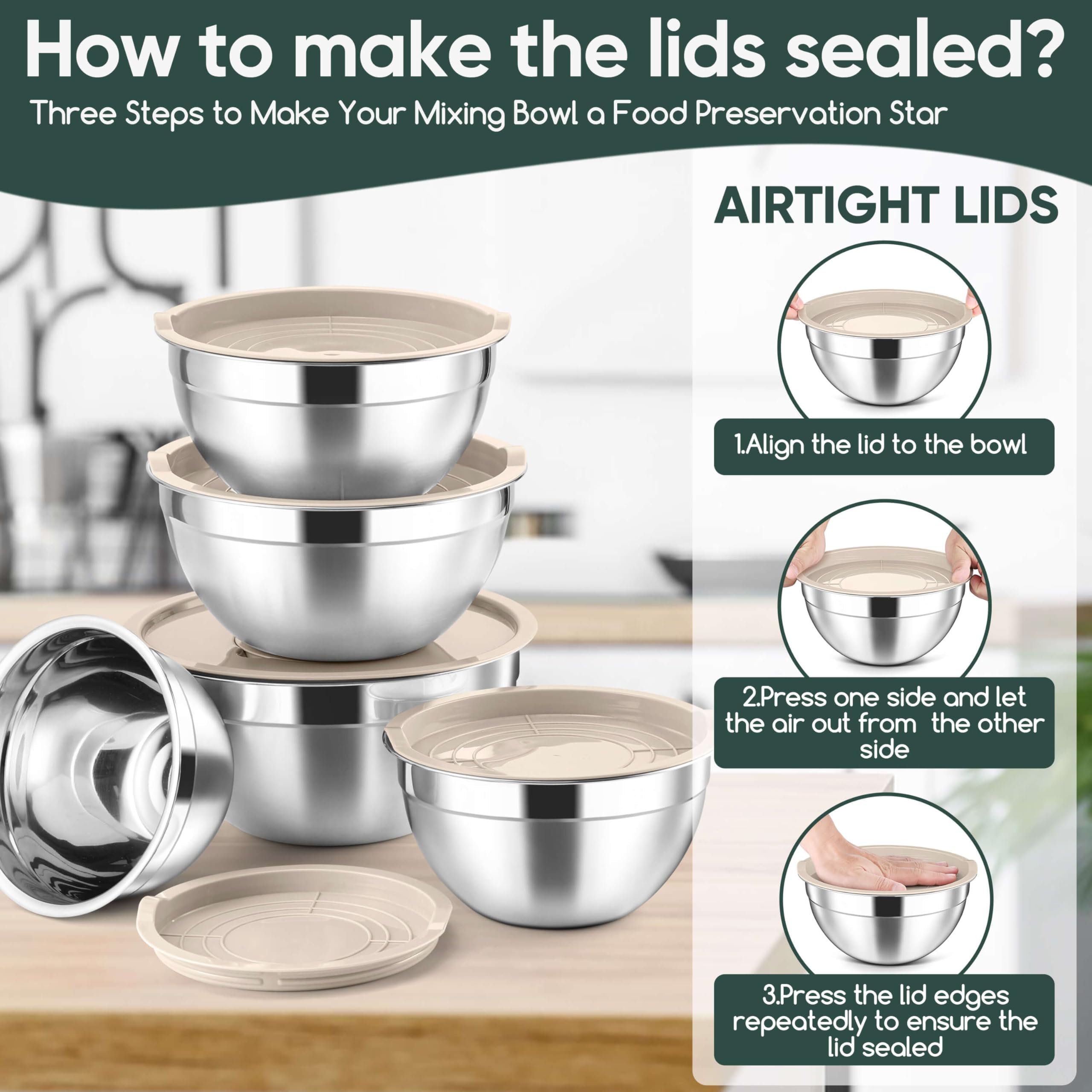 Herogo khaki finish bowls ideal for prep, mixing, and serving.