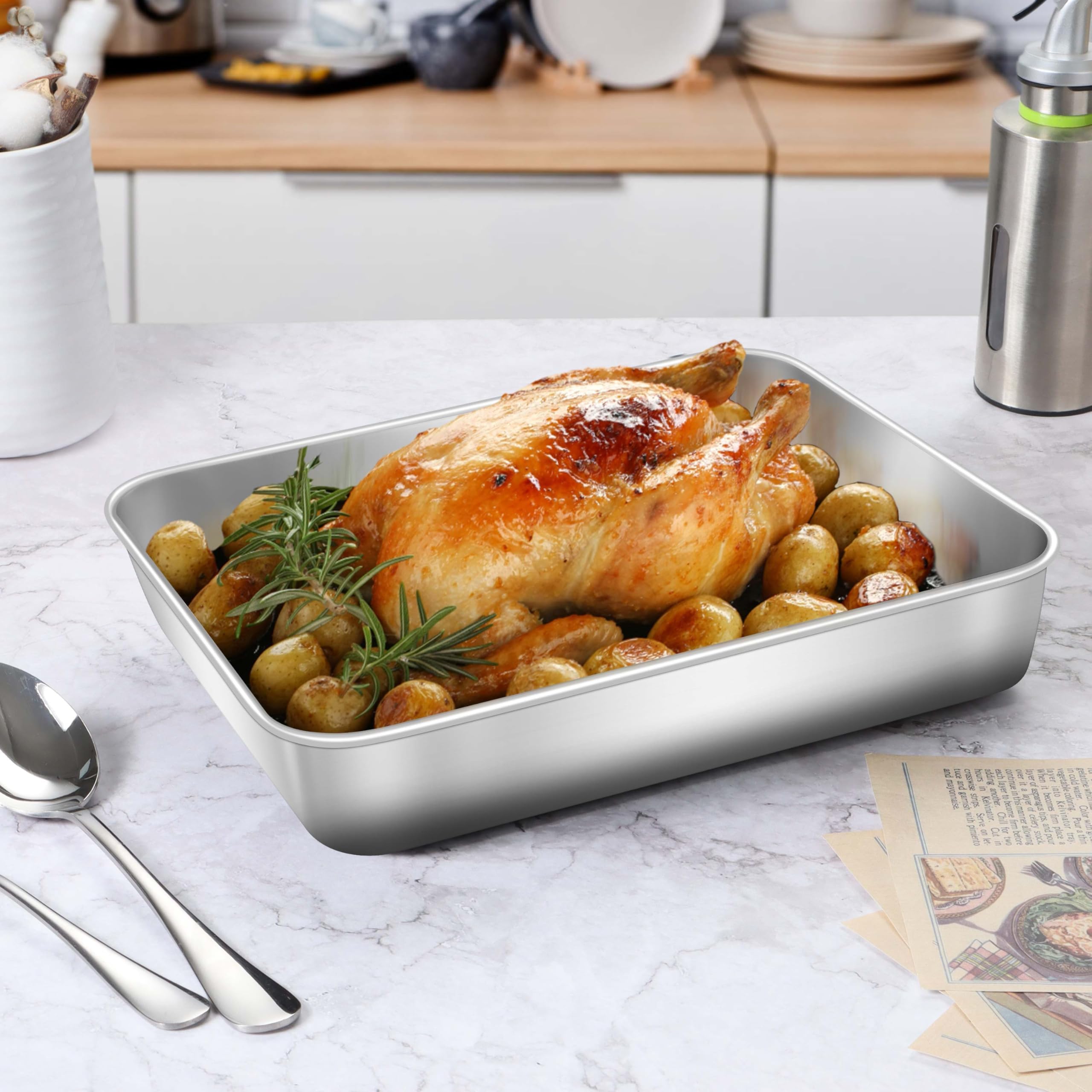 Herogo rectangle bakeware stainless steel finish maintains even heating and wear resistance.