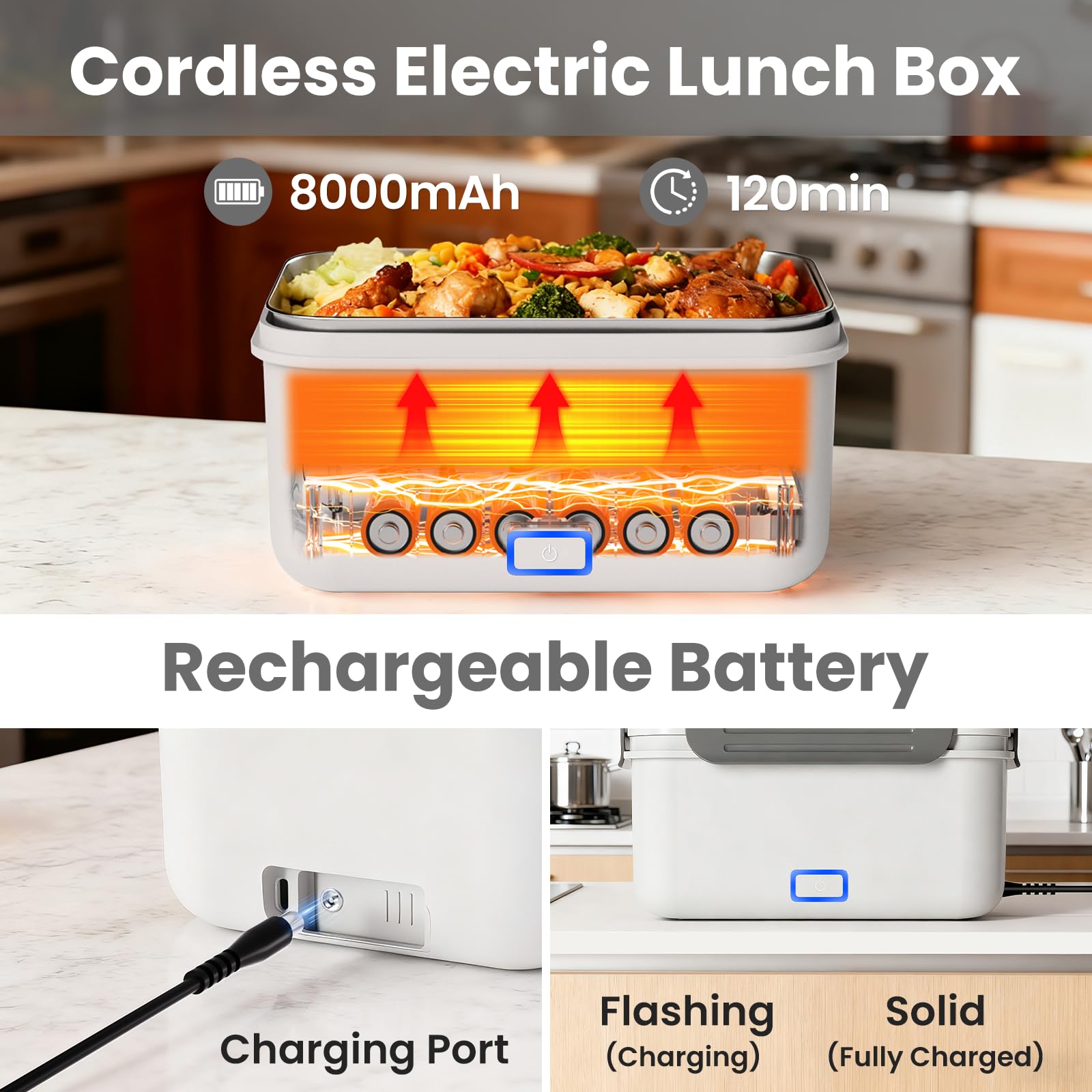 Herrfilk cordless lunch box 8000mAh battery powers quick heating anywhere.