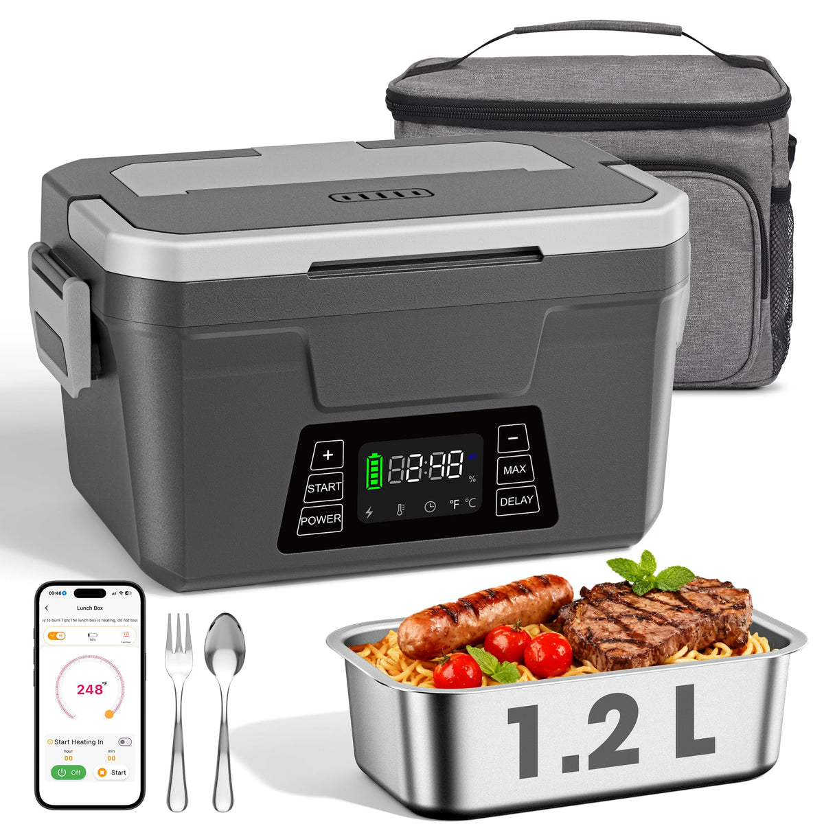 Herrfilk cordless lunchbox in use on the go, staying warm during a long shift