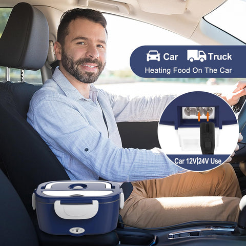 Herrfilk electric lunch box shown for in-car use with heat on the road.